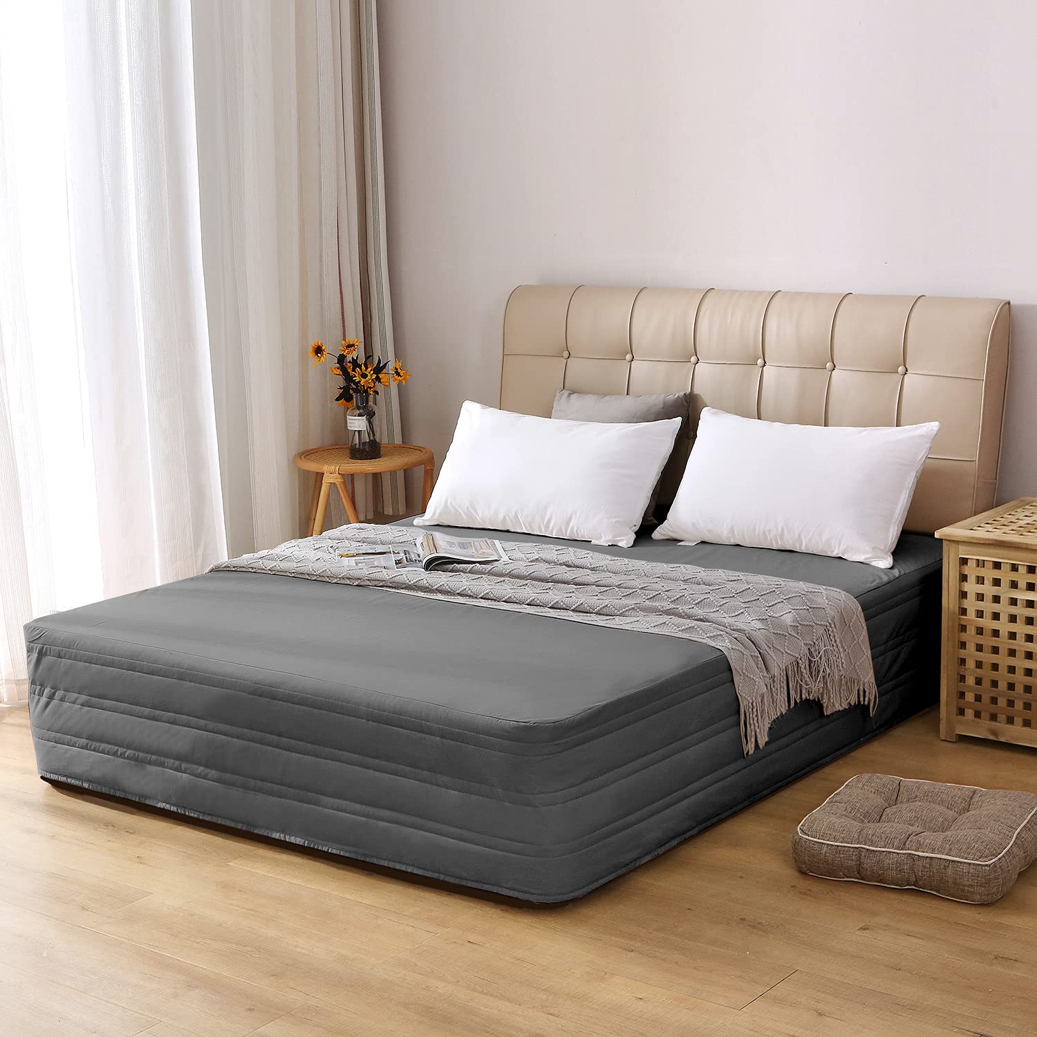 Marquess Quilted Bed Skirt With 14 Inch Tailored Drop, King Size Bed Skirt 14 Inch Drop Charcoal-Dust Ruffle,Ultra Soft