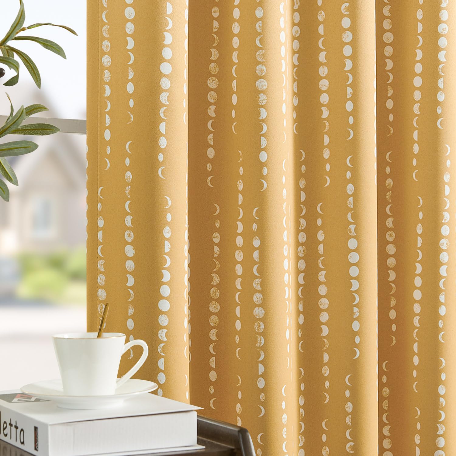 Jinchan 100% Blackout Boho Curtains Moon Phases Printed Bedroom Curtains 108 Inches Long Mustard Drapes Rod Pocket Thermal Insulated Curtains For Nursery Yellow Window Drapes Curtain Set 2 Panels