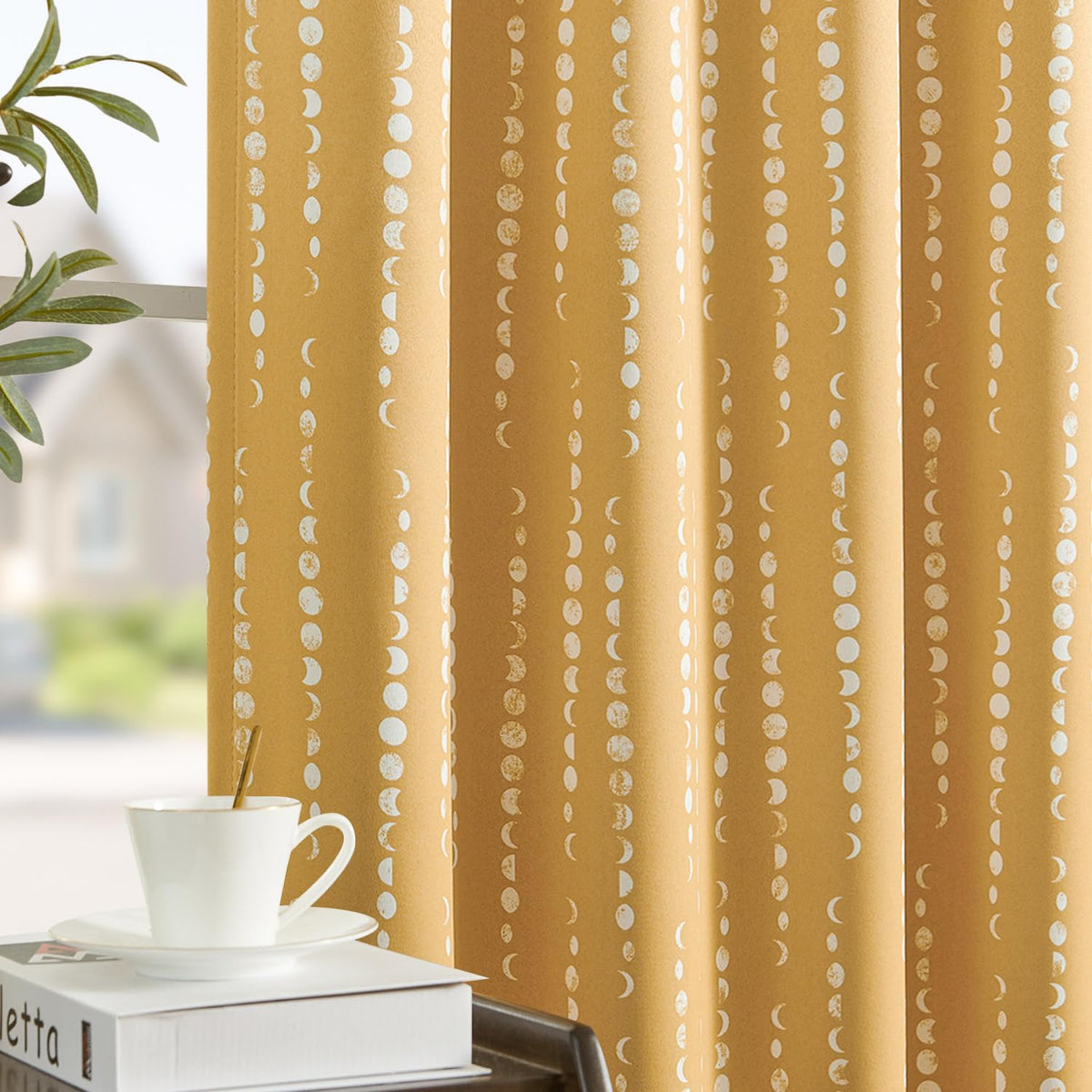 Jinchan 100% Blackout Boho Curtains Moon Phases Printed Bedroom Curtains 63 Inch Length Mustard Drapes Rod Pocket Thermal Insula
