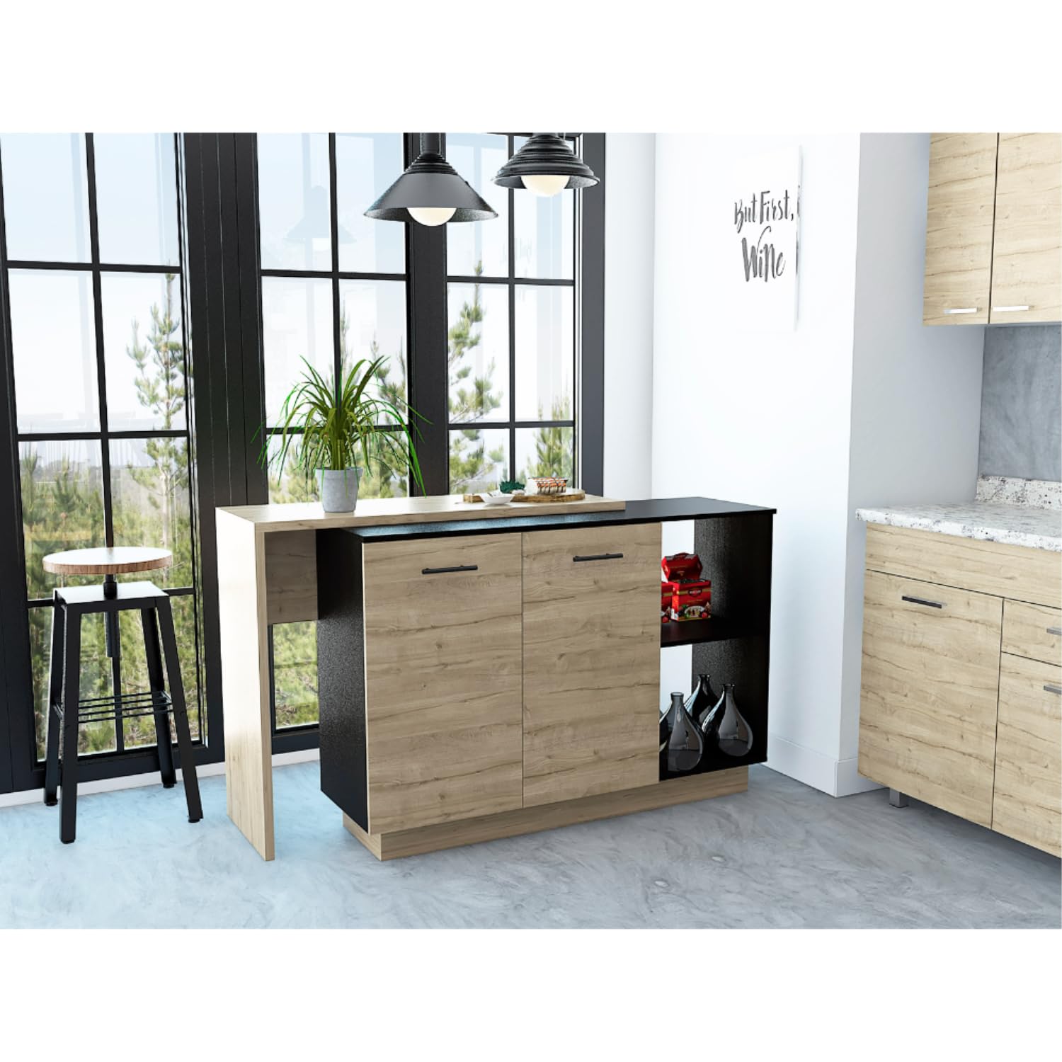 Depot E-Shop Creta Kitchen Island,Double Door Cabinets,Two External Shelves,Three Shelves,Black/Light Oak