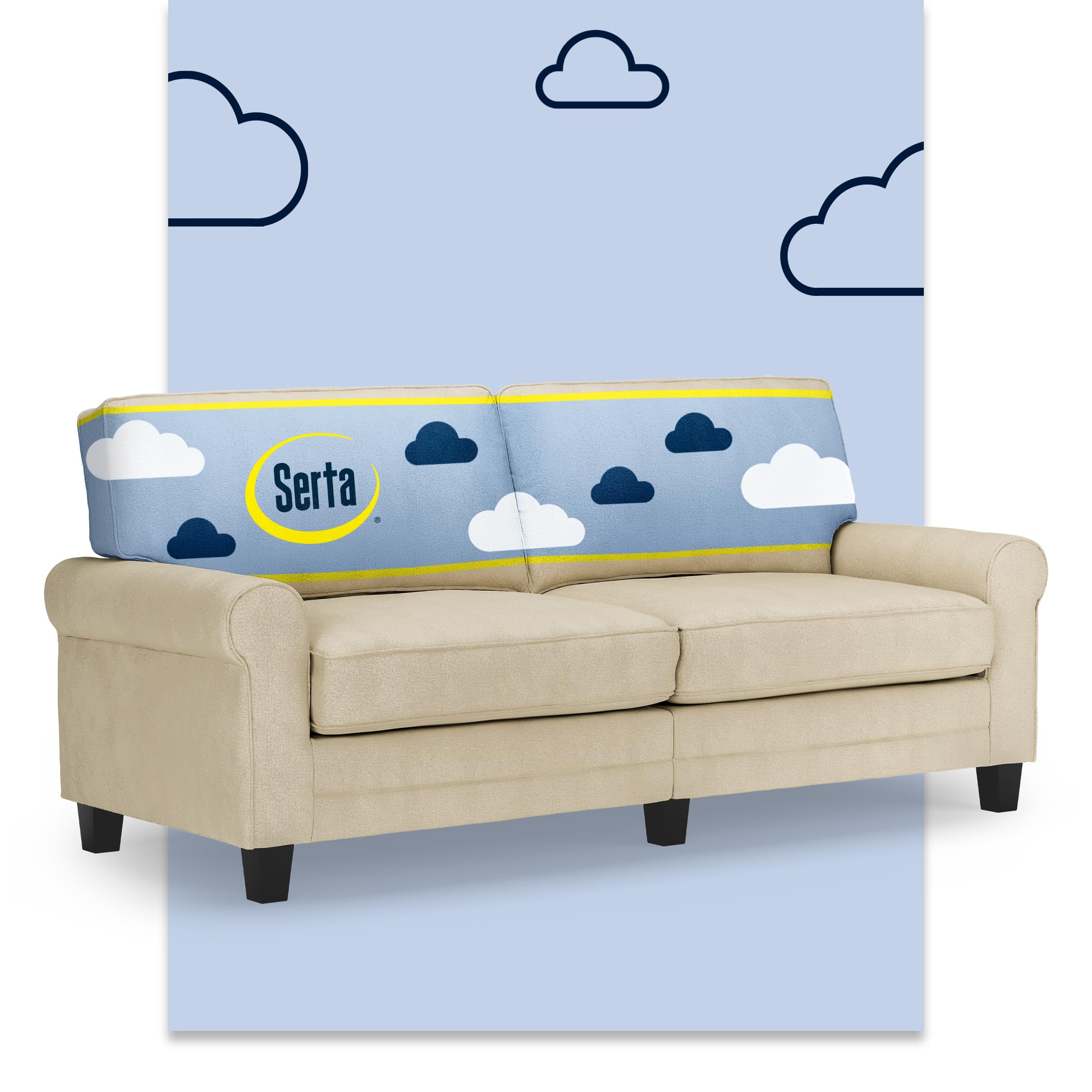 Serta Copenhagen 78 Rolled Arm Sofa, Easy Care Polyester, Soft Pillow Back, Pocket Coil Seat Cushions, Removable Covers, Lovesea