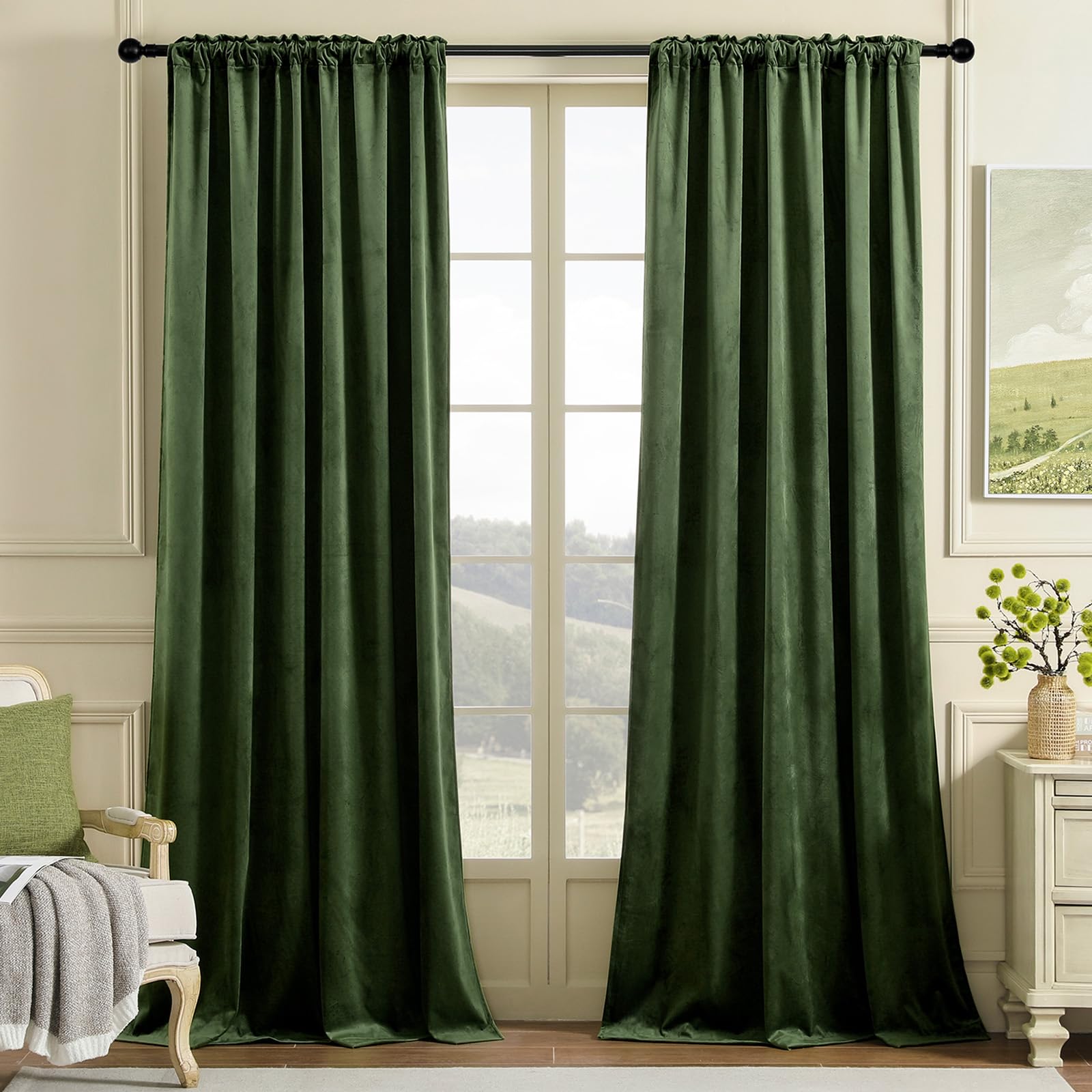 Nemia Olive Green Velvet Curtains For Bedroom Window, Rod Pocket Thermal Insulated Luxury Vintage Heavy Blackout Curtain Velvet
