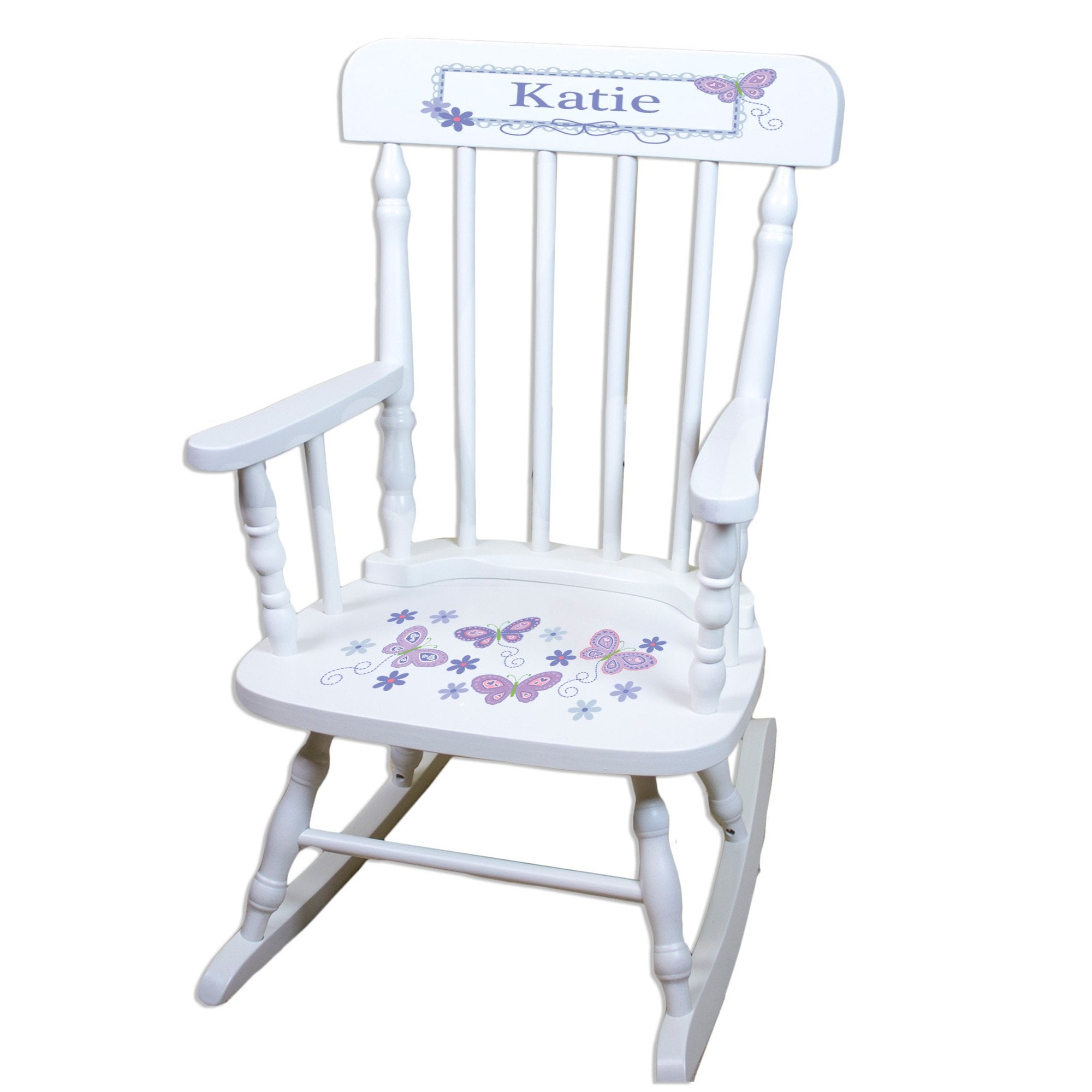My Bambino Girls Personalized White Wood Rocking Chair Toddler Baby Gift (Lavender Butterfly)
