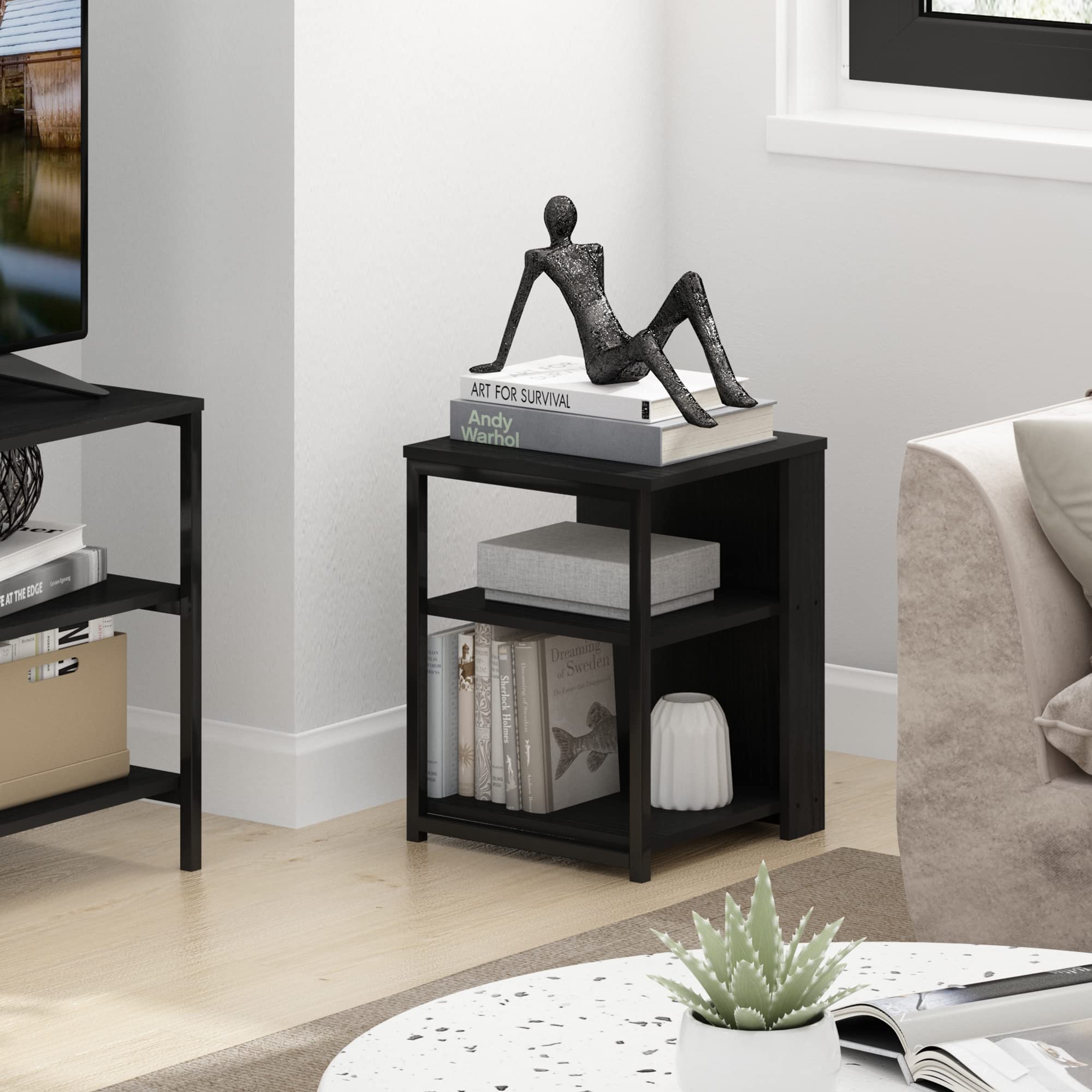 Furinno Camnus Modern Living End Sofa Side Table/Nightstand with Metal Frame Support, Americano/Black