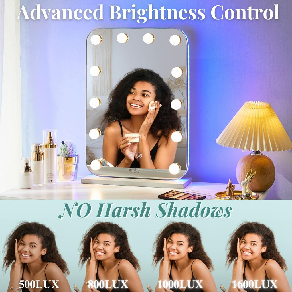 LUXFURNI Vanity Mirror with Lights, Lighted Makeup Mirror, RGB Color Changing LED, 14 Dimmable Bulbs, Glass, Rgb, 20.3" x 14"