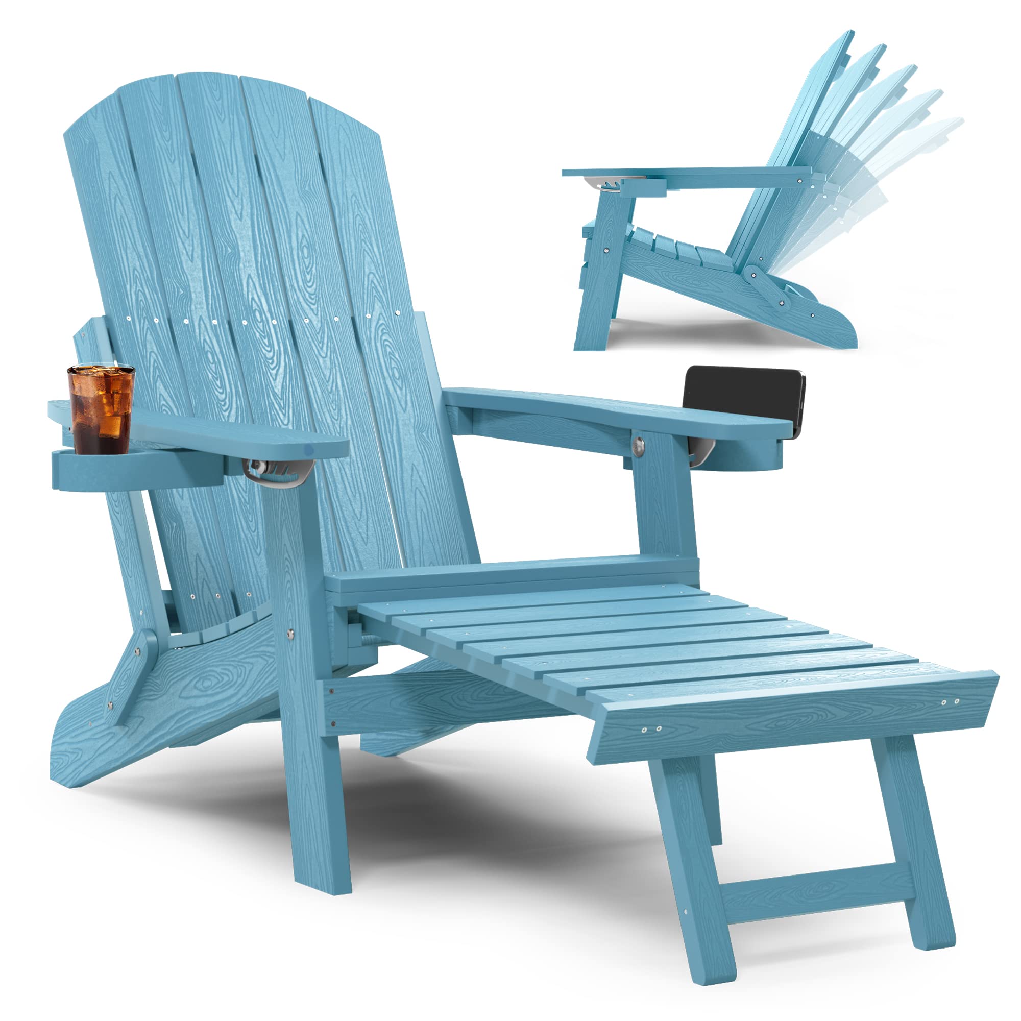 Yefu Adirondack Chair With Ottoman, Adjustable Backrest Adirondack Chairs, Folding Outdoor Fire Pit Chair With 2 Cup-Holders, Weather Resistant For Patio Lawn Outside Garden Pool, 380Lbs (Blue)
