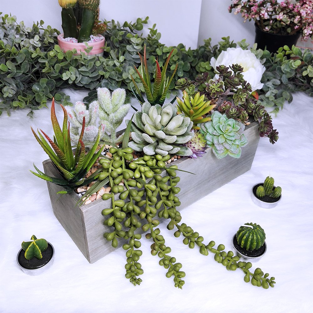 Supla Artificial Potted Succulents Plants Arrangement Fake Succulent Plants In Rectangular Wooden Pot Arrangement For Table Cent