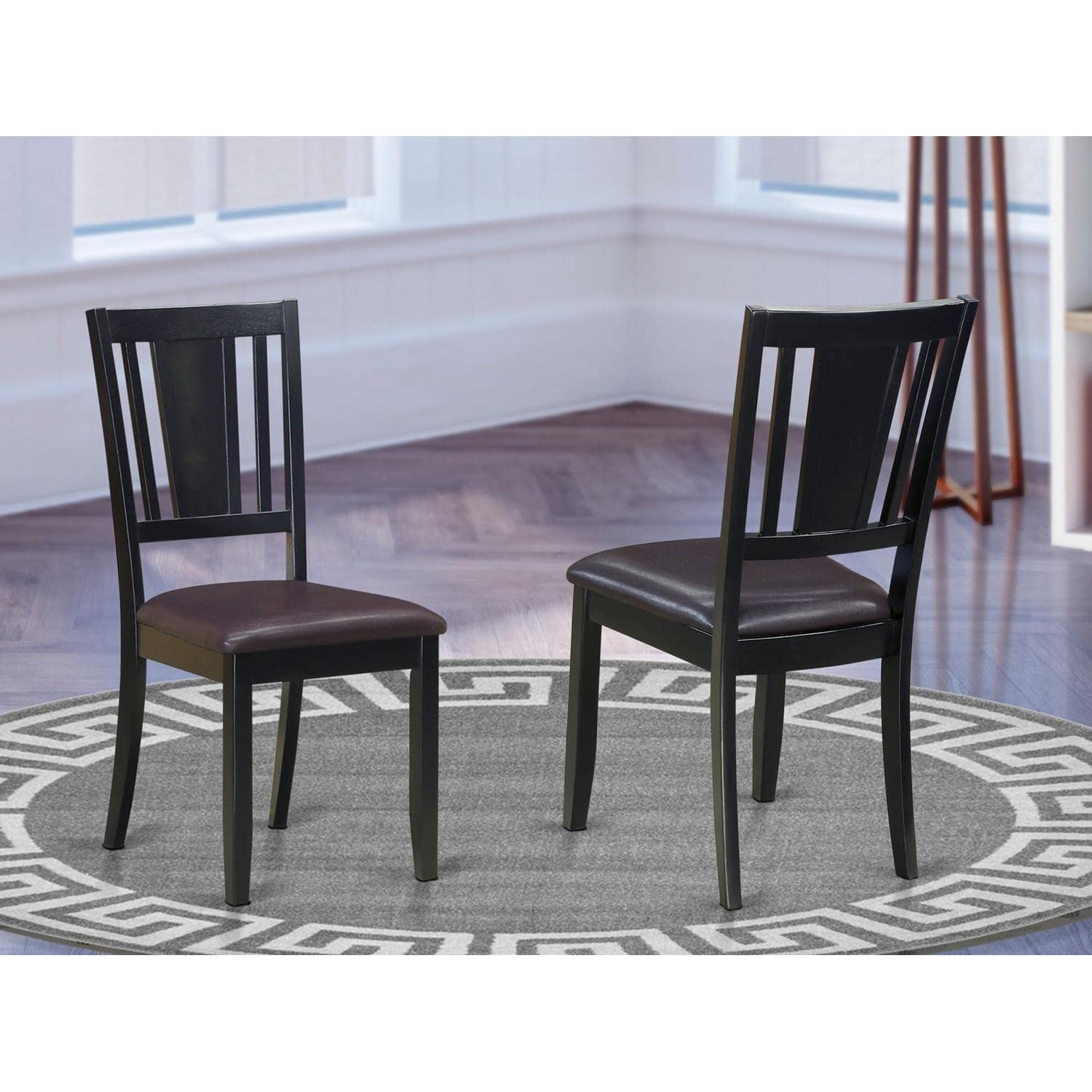 East West Furniture Dudley Dining Faux Leather Upholstered Wood Chairs, Set of 2, Black