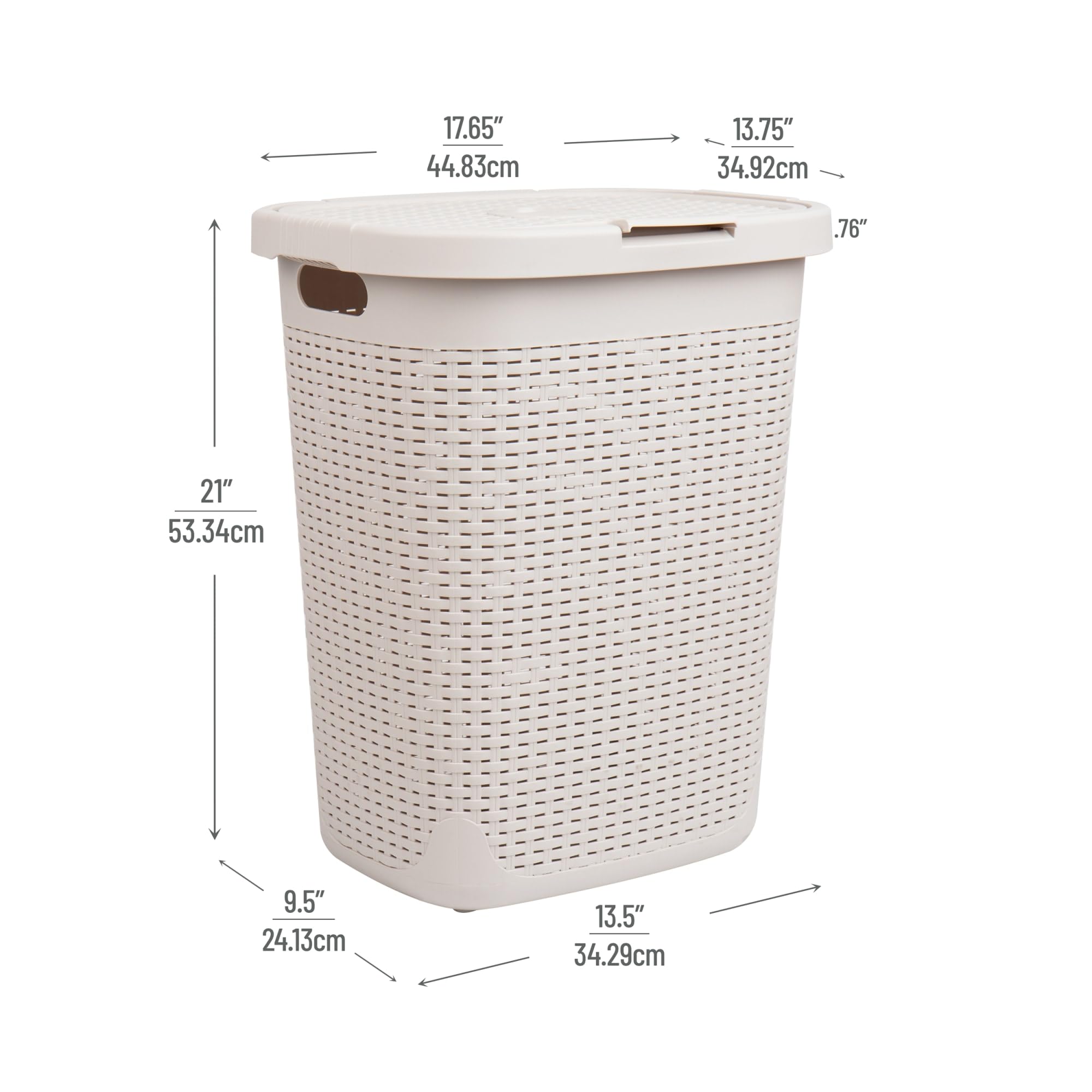 Mind Reader 50L Slim Laundry Hamper, Clothes Basket, Lid, Wicker Design, Plastic, 17.65'L X 13.75'W X 21'H, Ivory