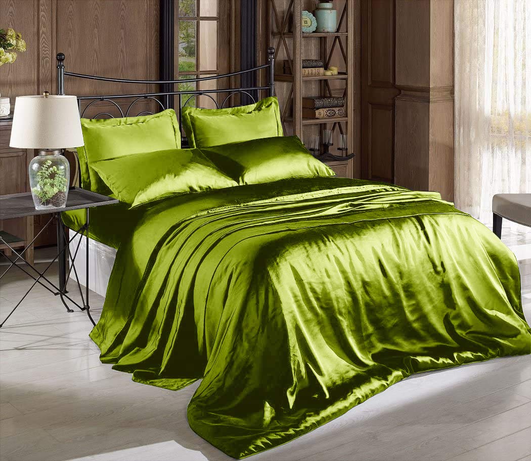Hight Thread Count Solid Color Soft Silky Charmeuse Satin Luxury And Super Soft Bed Sheet Set (Sage Green, King)