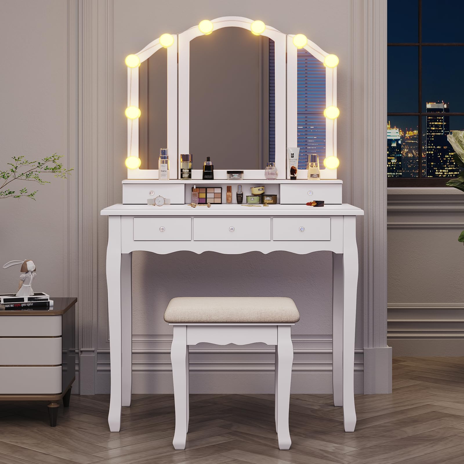 Tiptiper Vanity Table Set with Lighted Tri-Folding Mirror, Makeup Vanity with Lights & 3 Color Lighting Modes, Vanity Desk with 