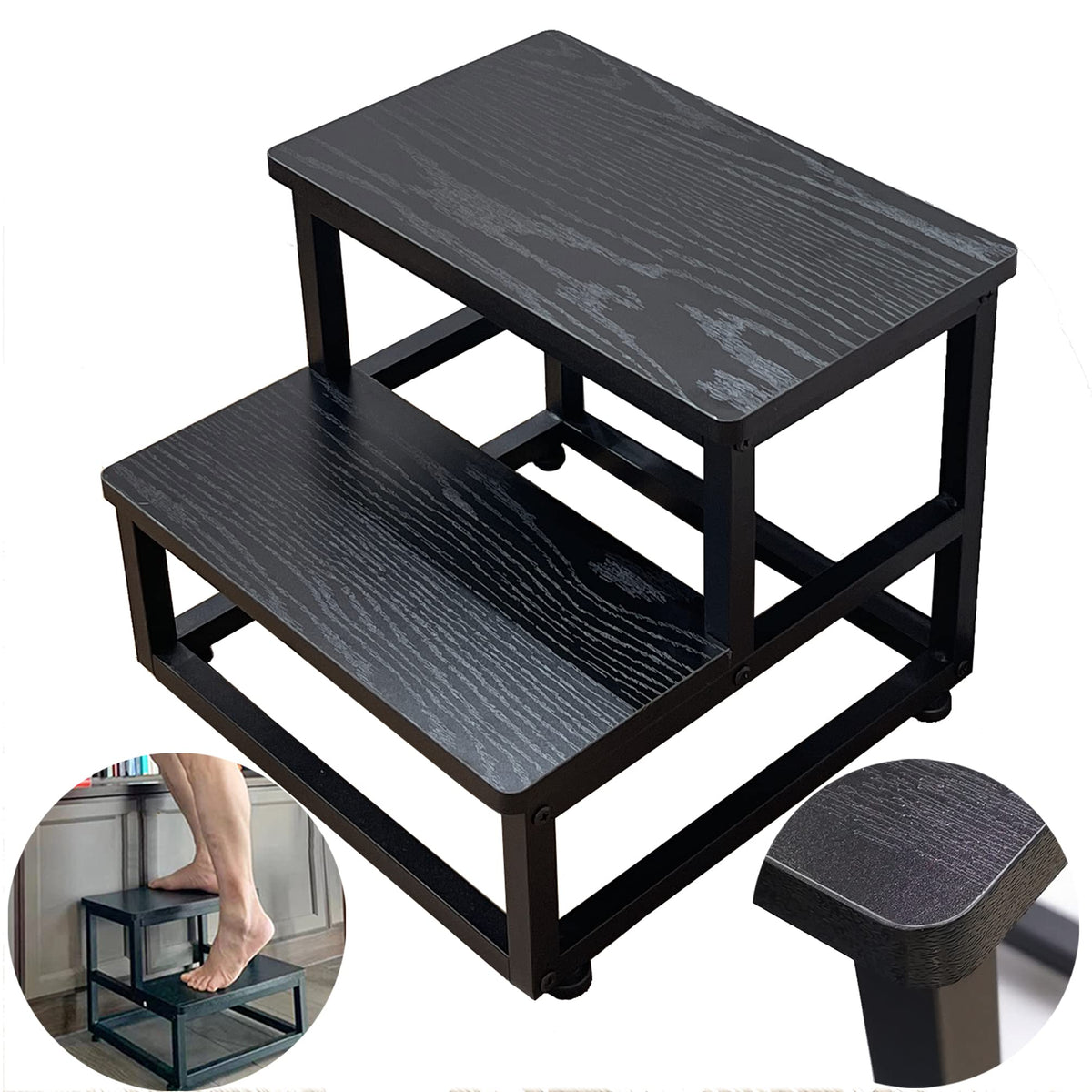 Yakanj Step Stools For Adults Kids, Heavy Duty Sturdy Metal Frame Hold Up To 500 Lbs Capacity For Kitchen Bathroom Bedroon -Black