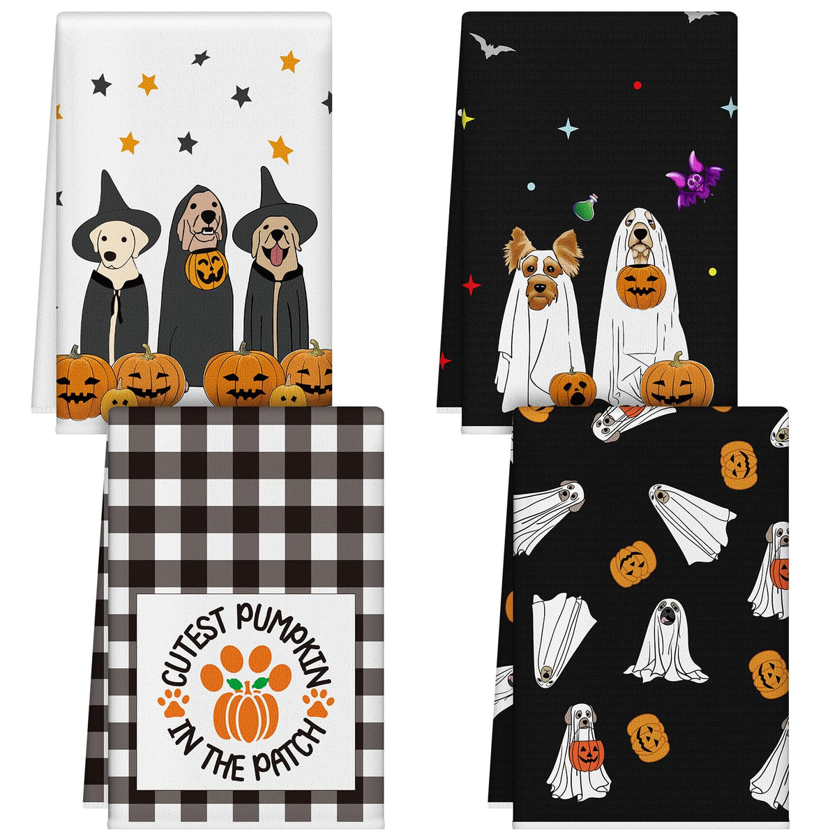 Macarrie 4 Pcs Halloween Dog Dish Towels 14x21 inch Fall Absorbent Kitchen