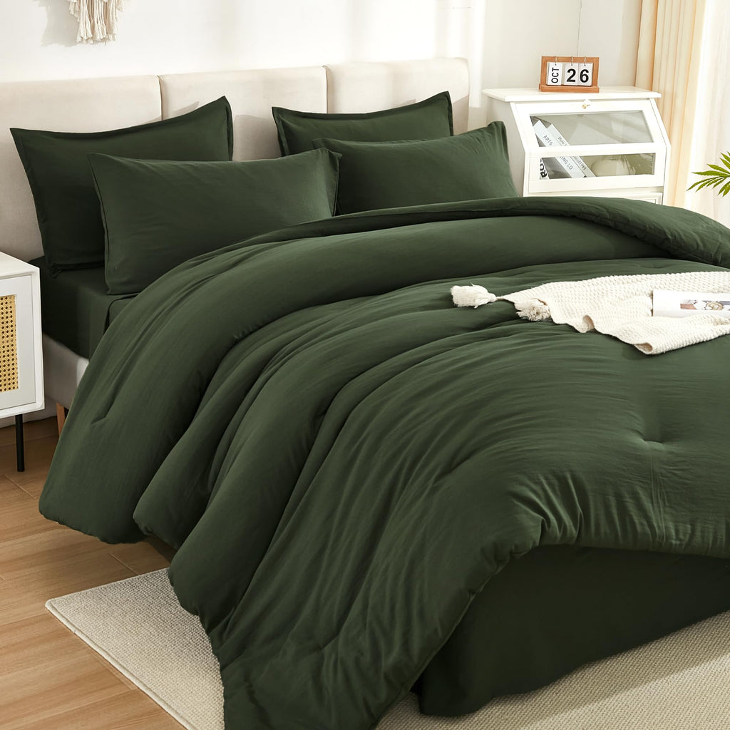Litanika Dark Olive Green King Size Comforter Set - 7 Pieces Bed In A Bag King Beddding Comforter Sets, Plain Lightweight Bed Se