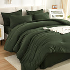 Litanika Dark Olive Green King Size Comforter Set - 7 Pieces Bed In A Bag King Beddding Comforter Sets, Plain Lightweight Bed Se