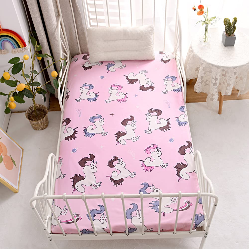 Naturety Bedding Fitted Sheet With Deep Pocket,Unicorn Rainbow Printed Soft Fabric Bed Sheets For Girls (Pink(Unicorn), Twin)