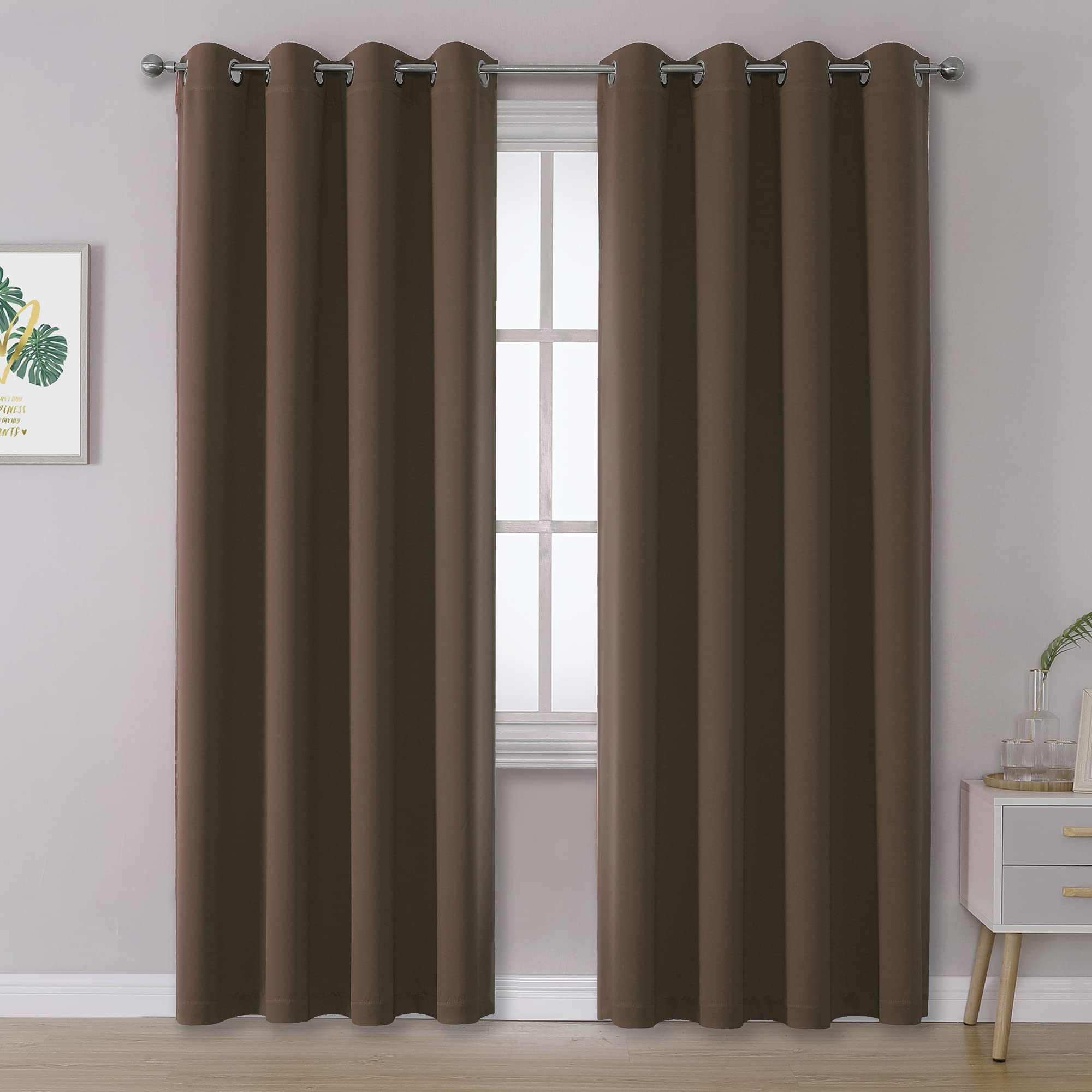 Dualife Brown Curtains 96 Inches Long Coffee Color Blackout Curtains With Grommet 2 Panels Set Thermal Insulated Room Darkening