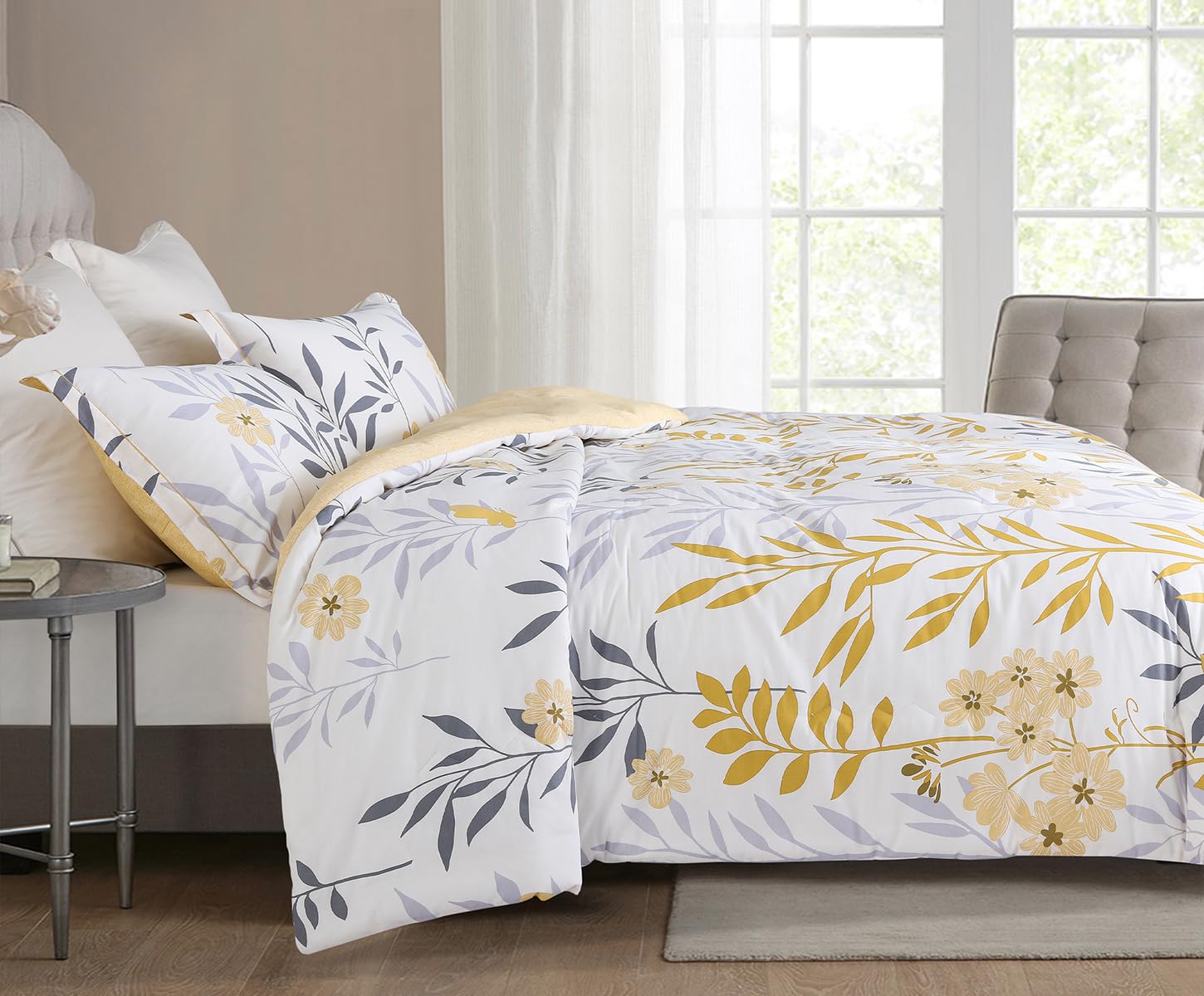 Sleepbella Comforter Twin Size, 600 Thread Count Cotton Grey Branch With Yellow Flower & Grey Leaves Pattern Orange Reversible C