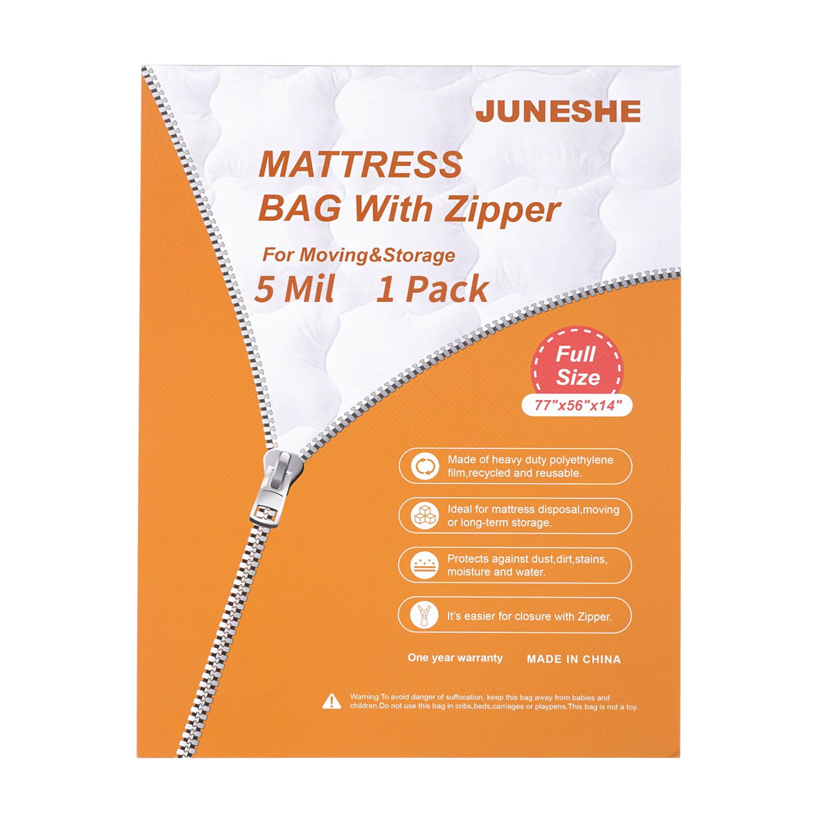 Juneshe Full Mattress Bag For Moving And Storage Cover -5 Mil Zipper Plastic Waterproof Mattress Storage Bag,77X56X14 Inches,1 P