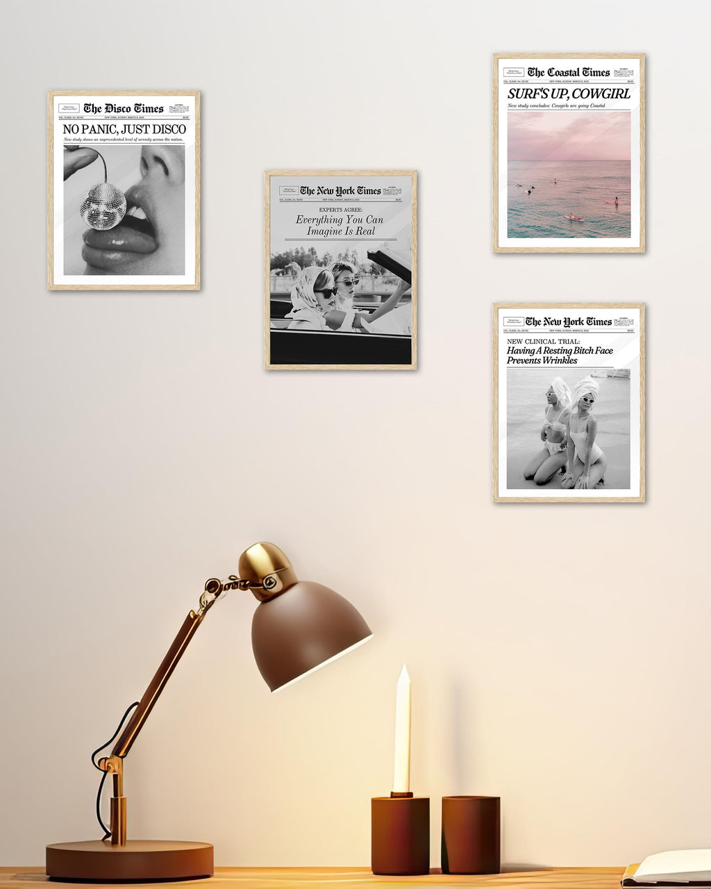 Ihery Small Framed Trendy Coastal Cowgirl Newspaper Wall Art Prints,Beige Oak Wood 8X10In Canvas Wall Decor For Bedroom,Western