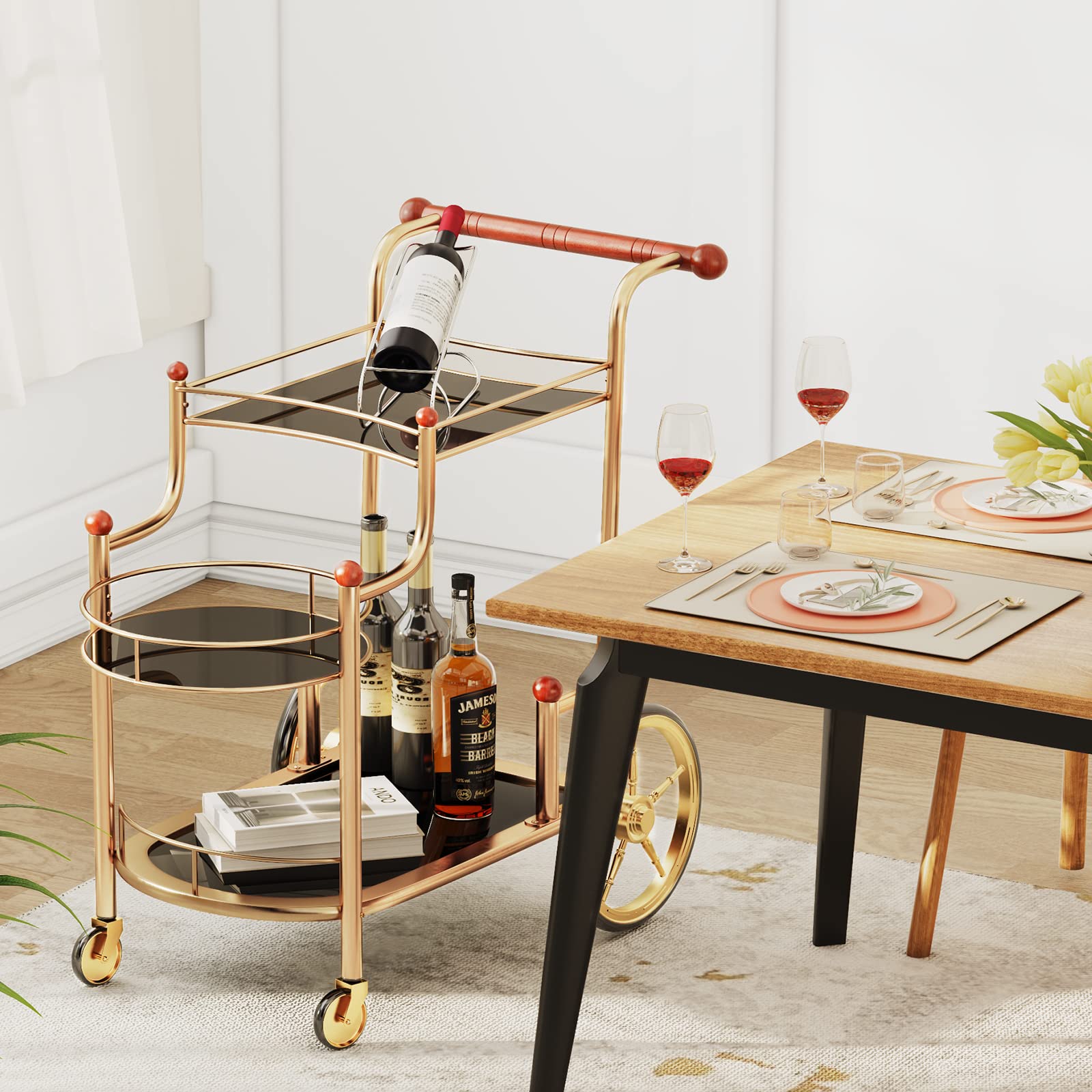 Acme Lacy Glass Serving Cart In Gold And Black
