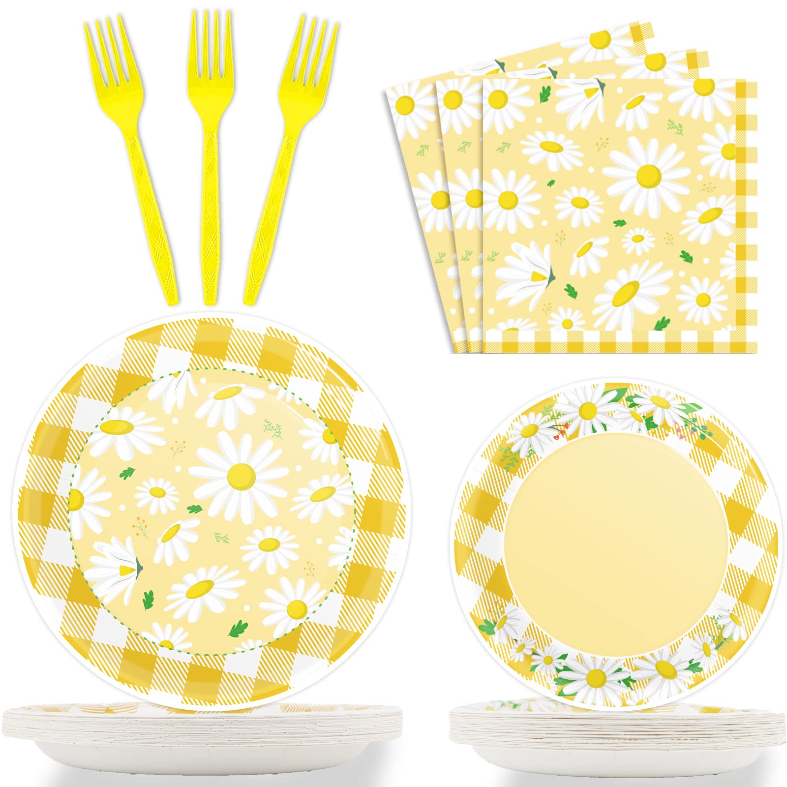 96 Pcs Daisy Flower Party Supplies for 24 Guests Daisy Party Tableware Set Yellow Daisy Flower Birthday Party Pack Paper Plate N