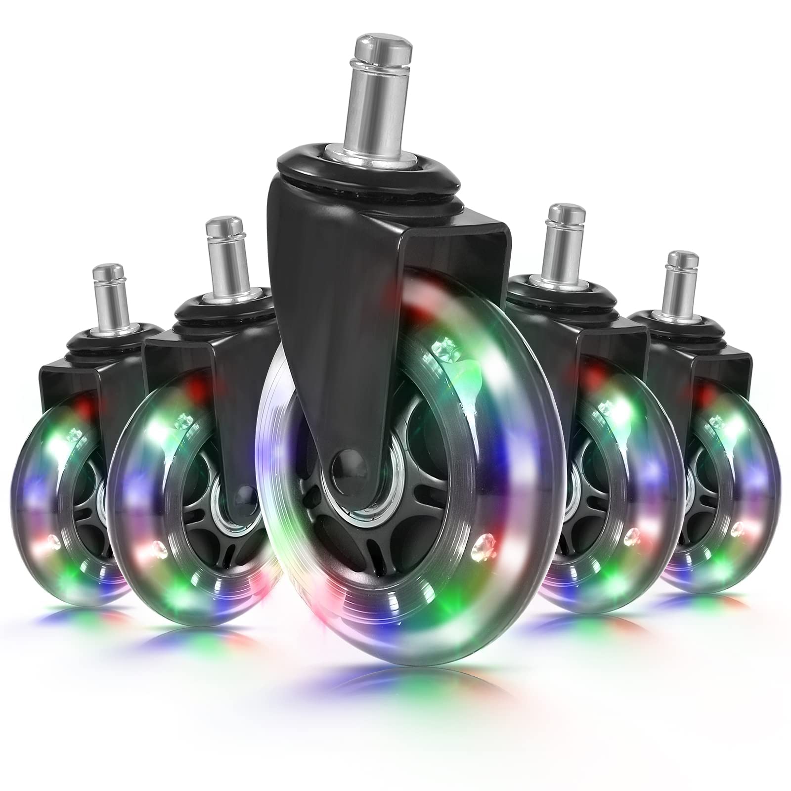 Hivexagon Office Chair Caster With Rgb Color Changing Lights Set Of 5 Rubber Replacement, Heavy Duty Universal Quiet Rolling Cas