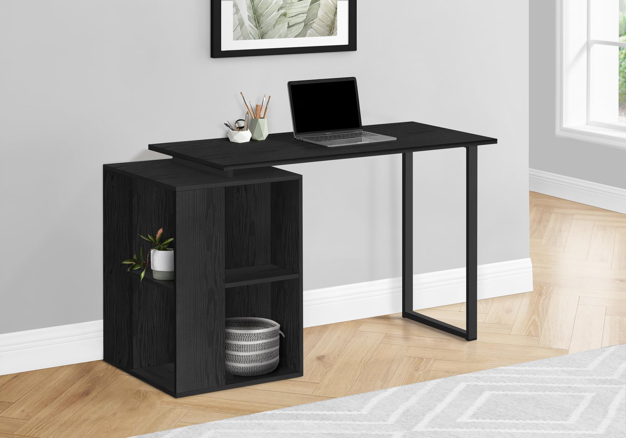 Monarch Specialties 7601 Computer Desk, Home Office, Left, Right Set-Up, Storage Shelves, Work, Laptop, Metal, Laminate, Black, Contemporary, Modern Desk-55 L Oak Facing, 55&Quot; L X 20&Quot; W X 30&Quot; H