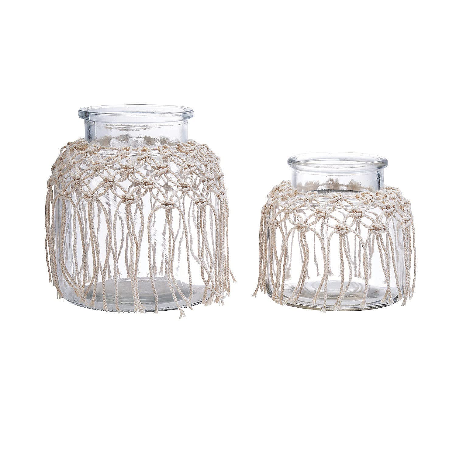 Glass VASE Set W/Macrame Trim - Home Decor - 2 Pieces