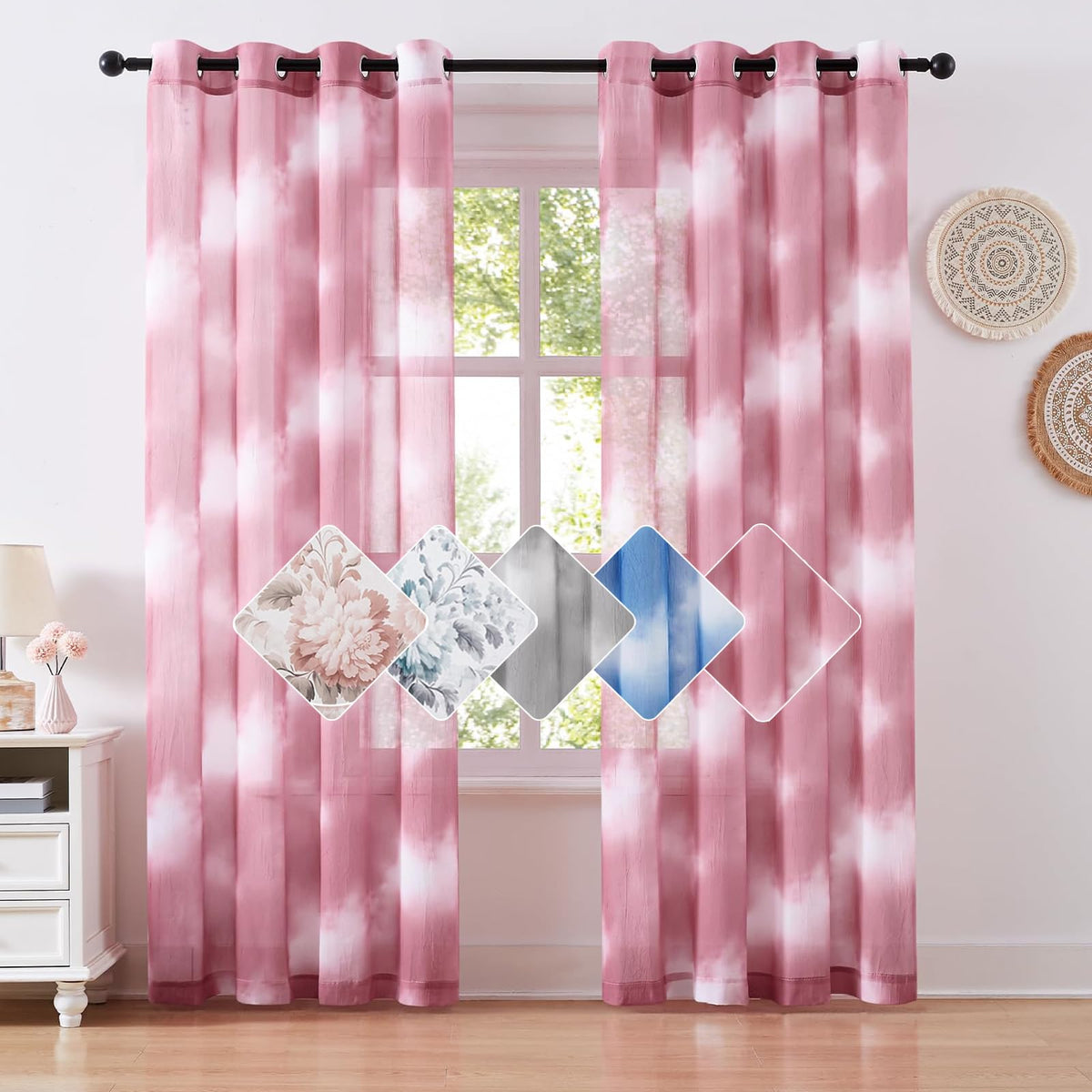 Pudmangtex Ombre Sheer Curtains 84 inch Length for Living Room 2 Panels,Pink Printed Semi Sheer Drapes with Nickel Grommet,Light