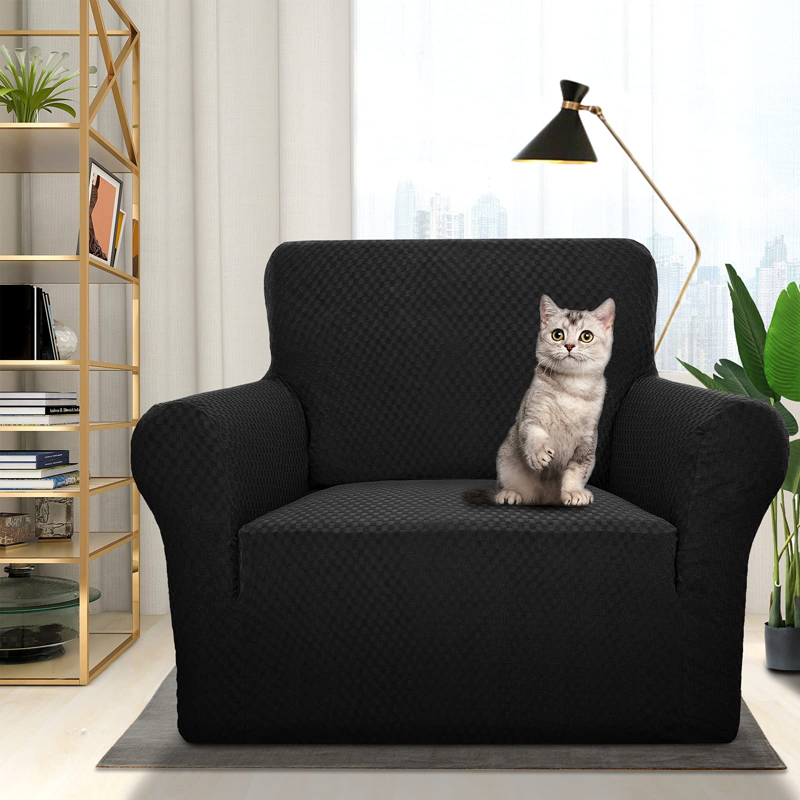 Znsayotx 1 Piece Jacquard Chair Slipcovers For Living Room High Stretch Chair Covers With Arms Anti Slip Pets Friendly Couch Sofa Armchair Cover Furniture Protector (Chair, Black)