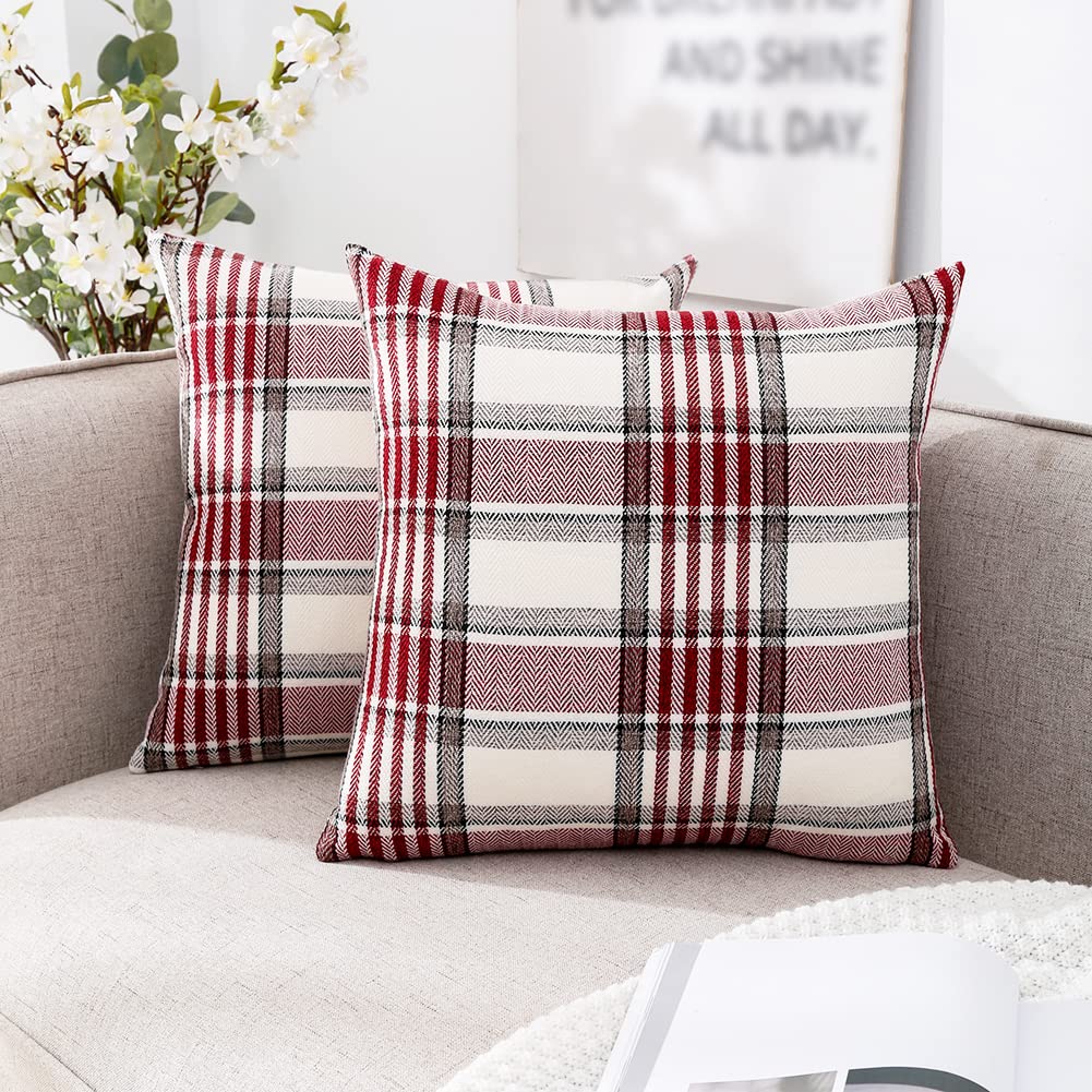 Carrie Home Red Christmas Tartan Plaid Pillow Covers 18X18 Set Of 2 Farmhouse Buffalo Plaid Red Striped Throw Pillow Cover For L