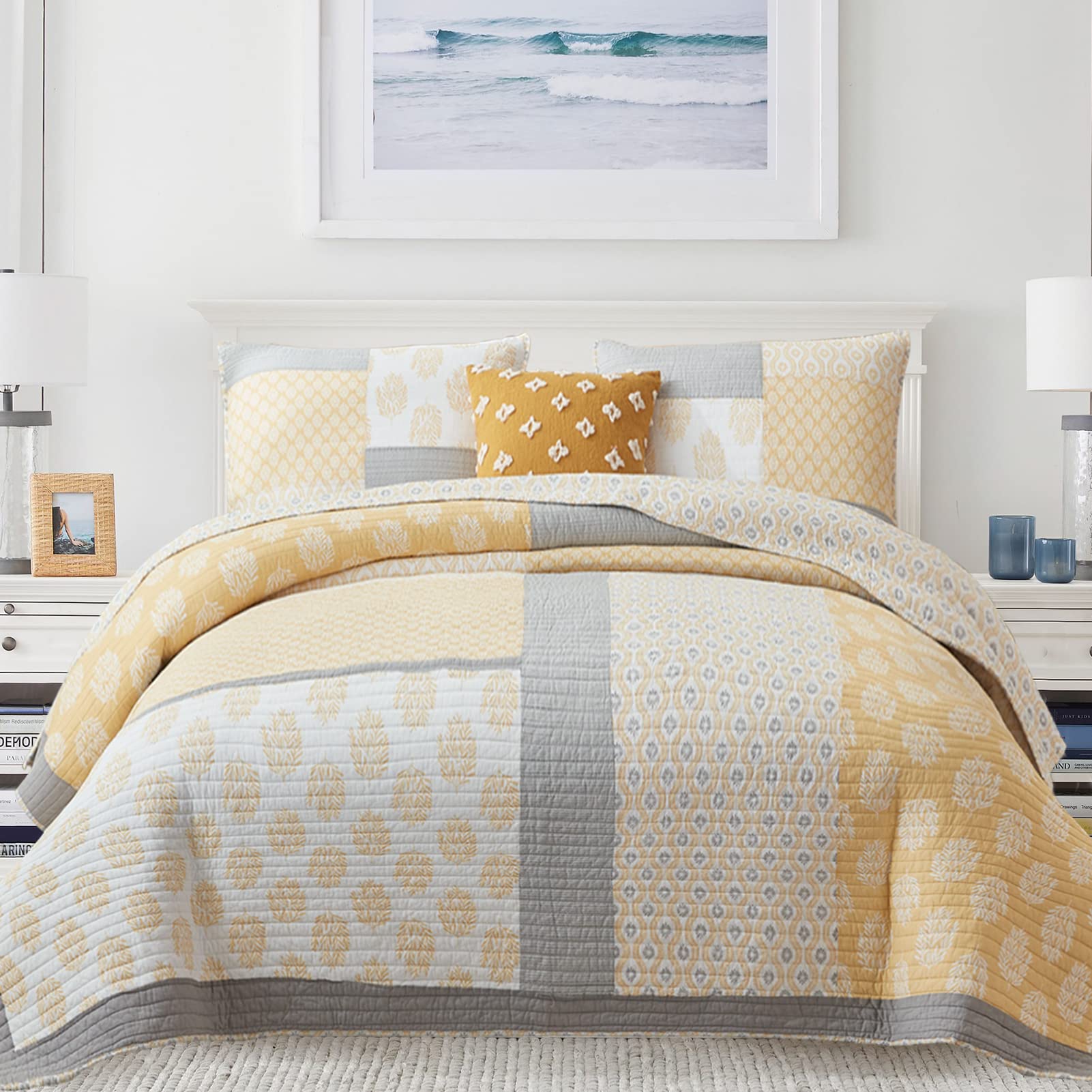 Y-PLWOMEN Quilts Queen Size, 100% Cotton Lightweight Soft Queen Quilt, Patchwork Reversible Bedspread Sets, Yellow Grey White Fl