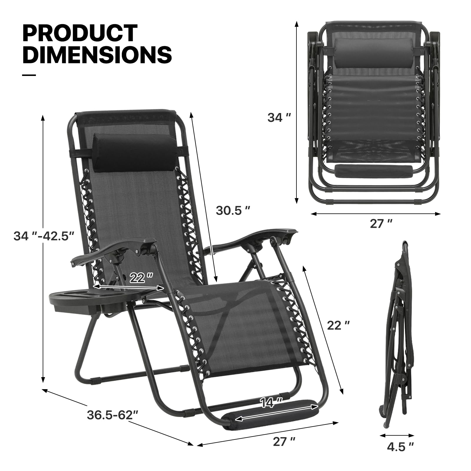Monibloom 27-Inch Zero Gravity Chairs Set Of 2, Patio Anti Gravity Recliners, Foldable Outdoor Lounger With Cup Holder Tray, Headrest And Footrest For Beach Camping, Black