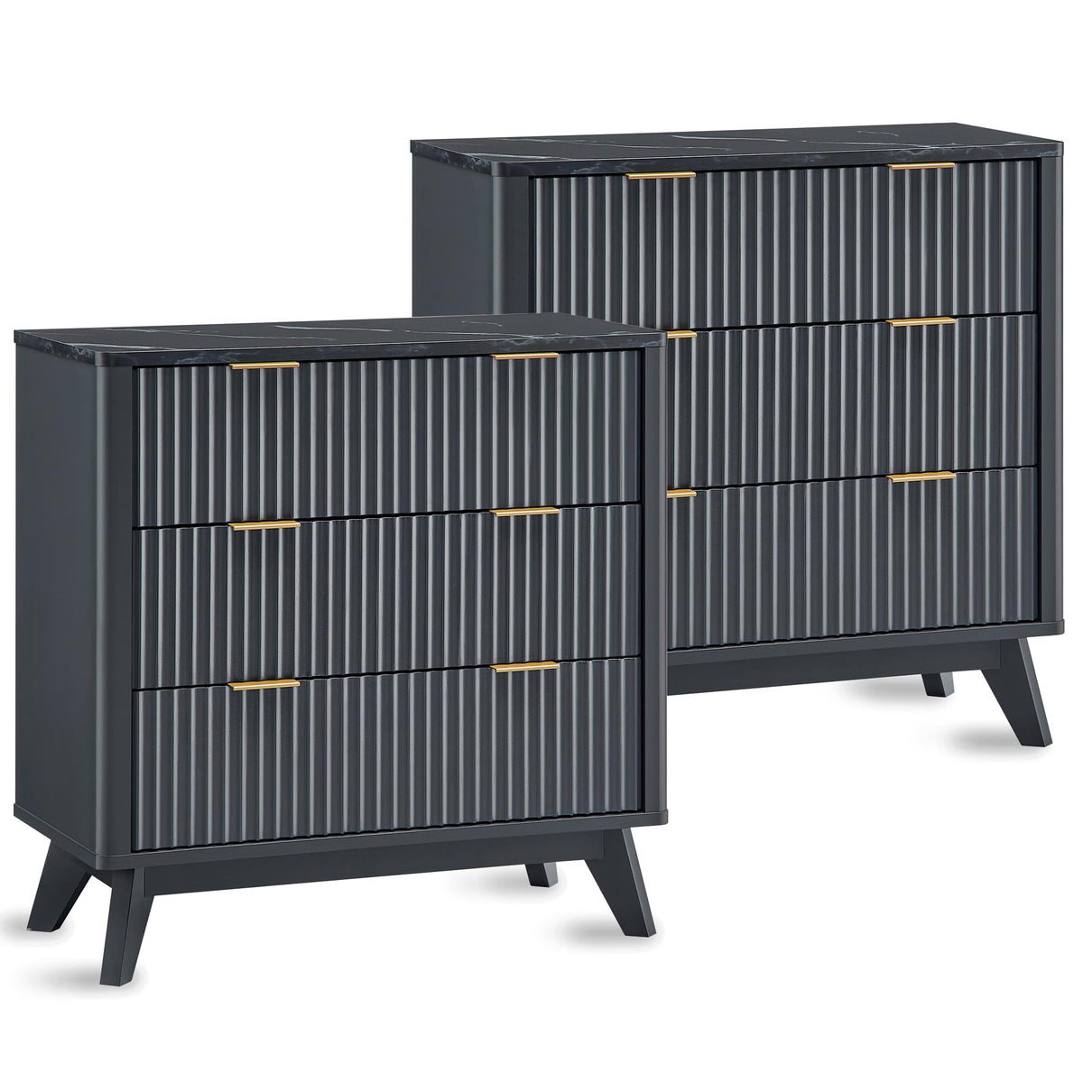 T4Tream 32 ' Tall Fluted Nightstand Set Of 2, Modern Side Table With Faux Marble Top, 3 Drawers End Table W/Storage, Bedside Ta