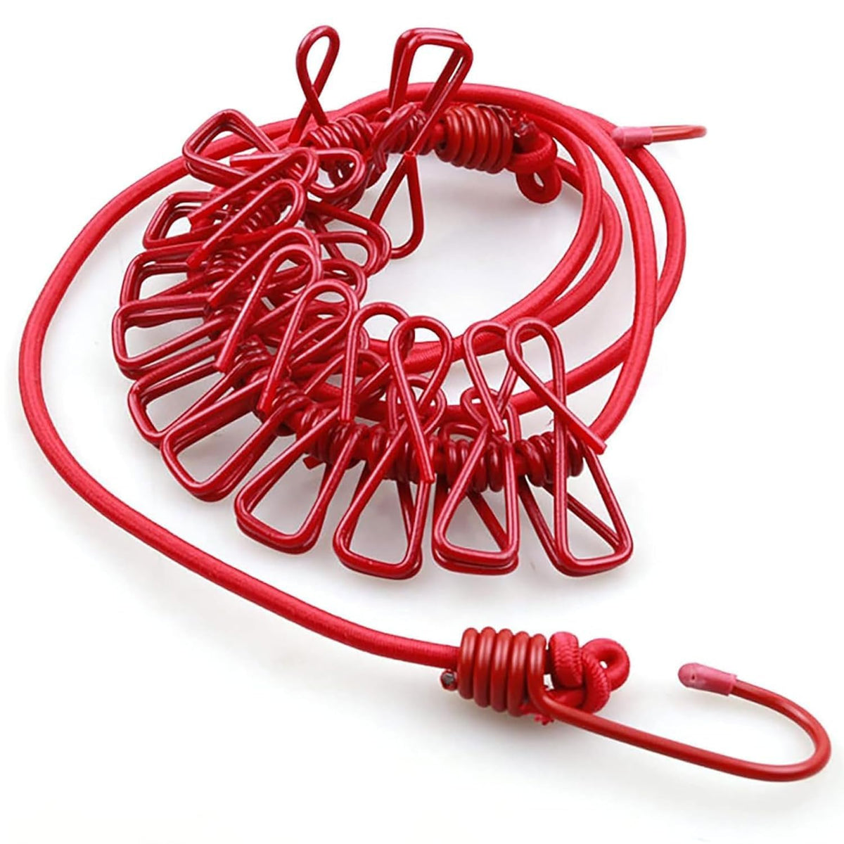 Elastic Clothes Drying Rope With Hooks & 12 Clips | Portable Strong Stretchable Hanging Clothesline For Travel, Home, Balcony &