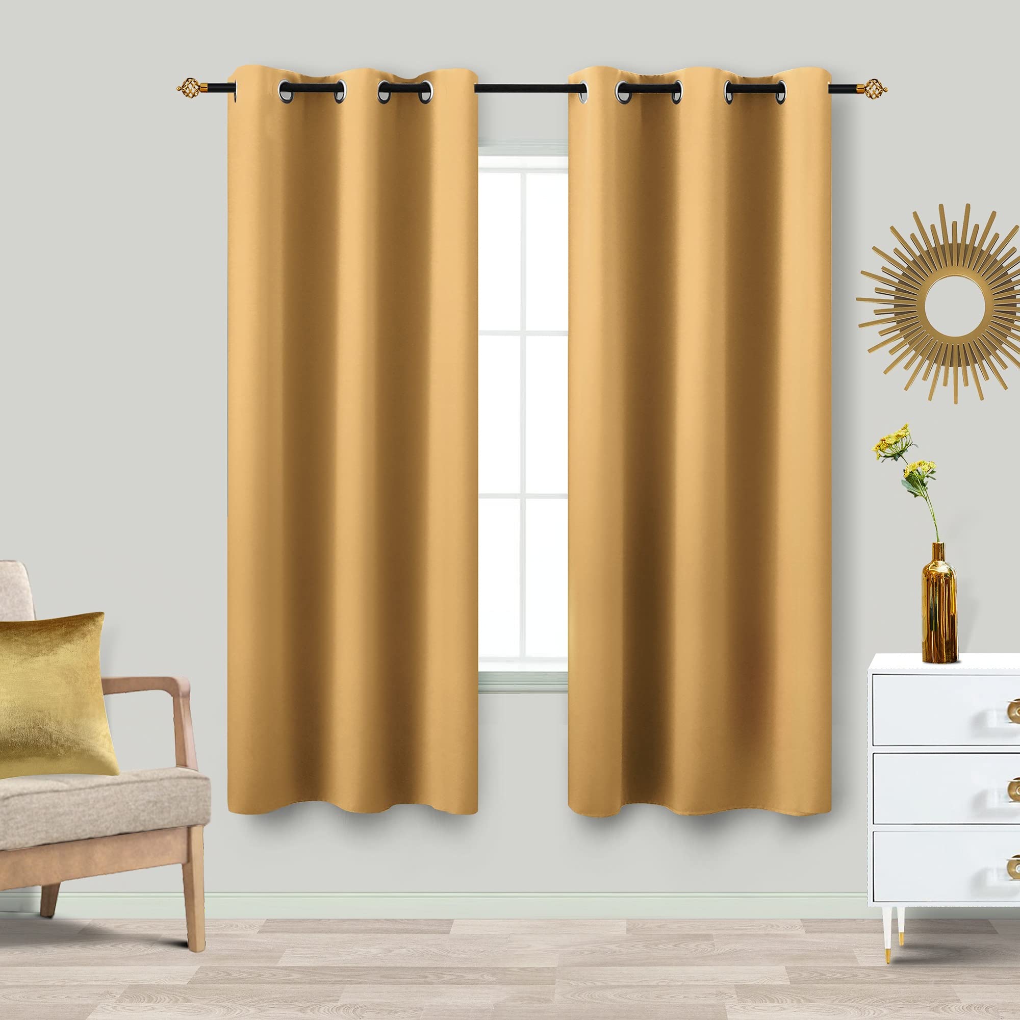 Koufall Gold Short Curtains 45 Inch Length For Bathroom Kitchen Small Window 2 Panels Grommet Darken Room Curtains For Bedroom,B