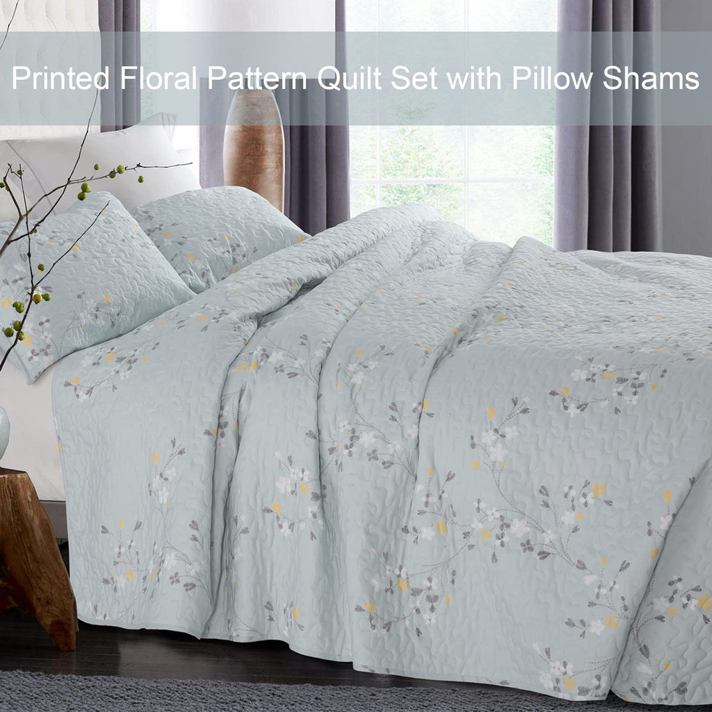Exclusivo Mezcla Floral Quilt Set King Size, 3 Piece Soft Lightweight Flower Pattern Printed Light Blue Bedspreads Coverlet Bedd