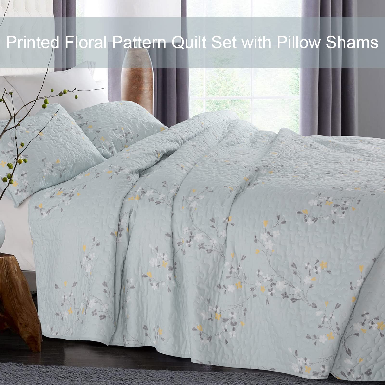 Exclusivo Mezcla Floral Quilt Set King Size, 3 Piece Soft Lightweight Flower Pattern Printed Light Blue Bedspreads Coverlet Bedd