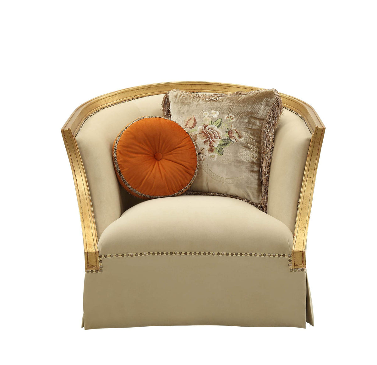 HomeRoots Upholstery, Wood Leg/Trim 41' X 42' X 38' Fabric Antique Gold Upholstery Wood Leg/Trim Chair w/2 Pillows