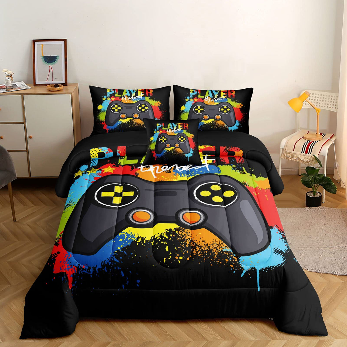 Rowadalo 5 Pieces Gaming Bedding Set For Boys Gamer Comforter Set Twin Size,Game Controller Comforter For Boys Kids 5 Pieces Bed
