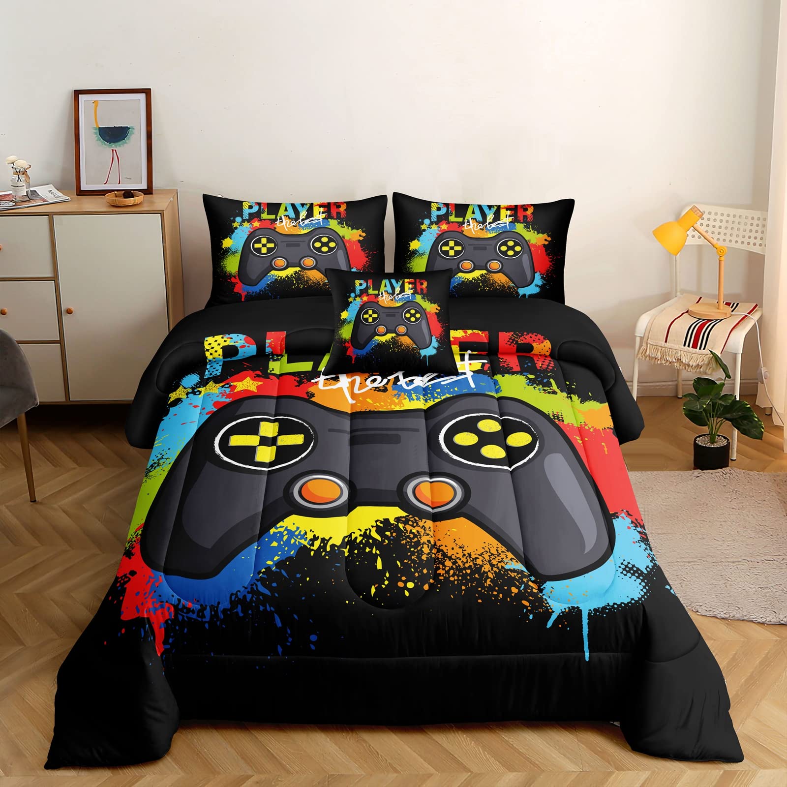 Rowadalo 5 Pieces Gaming Bedding Set For Boys Gamer Comforter Set Twin Size,Game Controller Comforter For Boys Kids 5 Pieces Bed