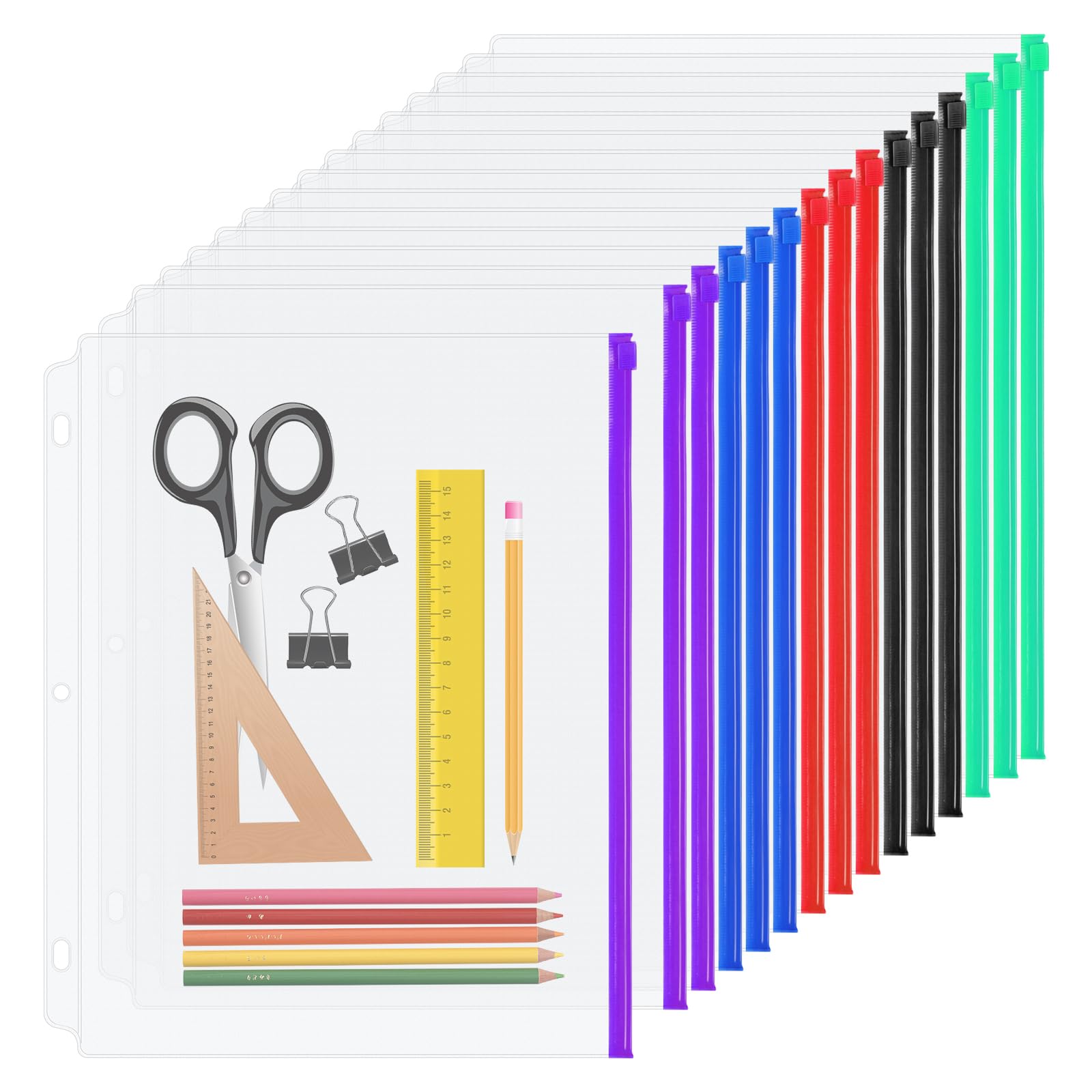 Yoeejob 3 Holes Clear Pvc Zipper Binder Pocket Insert Pages Letter Size, 8 1/2'X 11 Loose Leaf Binder Filing Storage Bags 15 Pa