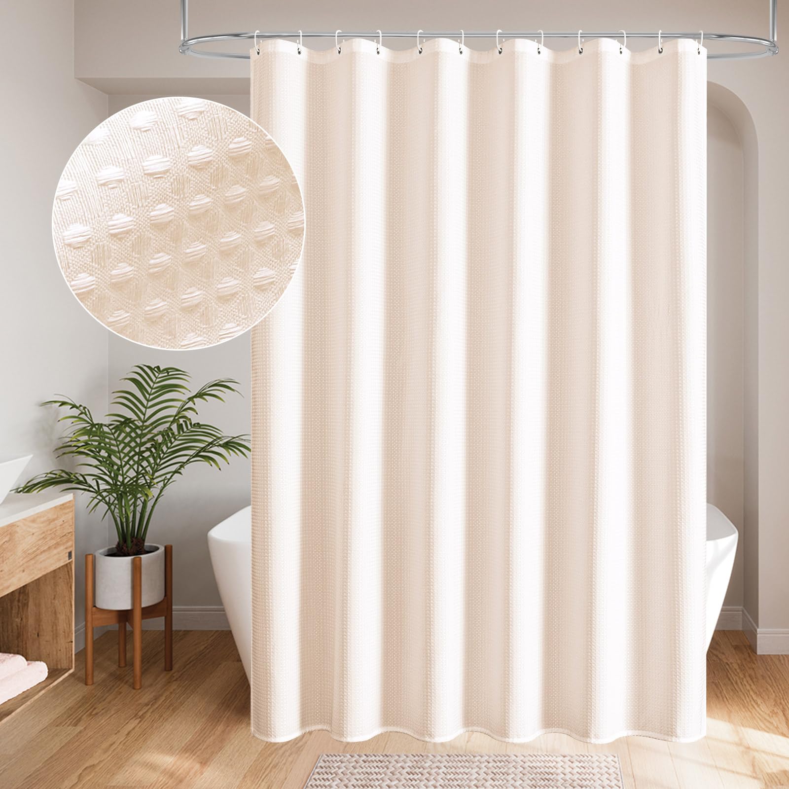 Mitovilla Pink Waffle Fabric Shower Curtain, Heavy Waffle Weave Textured Shower Curtains For Modern Luxury Bathroom Decor, Weigh