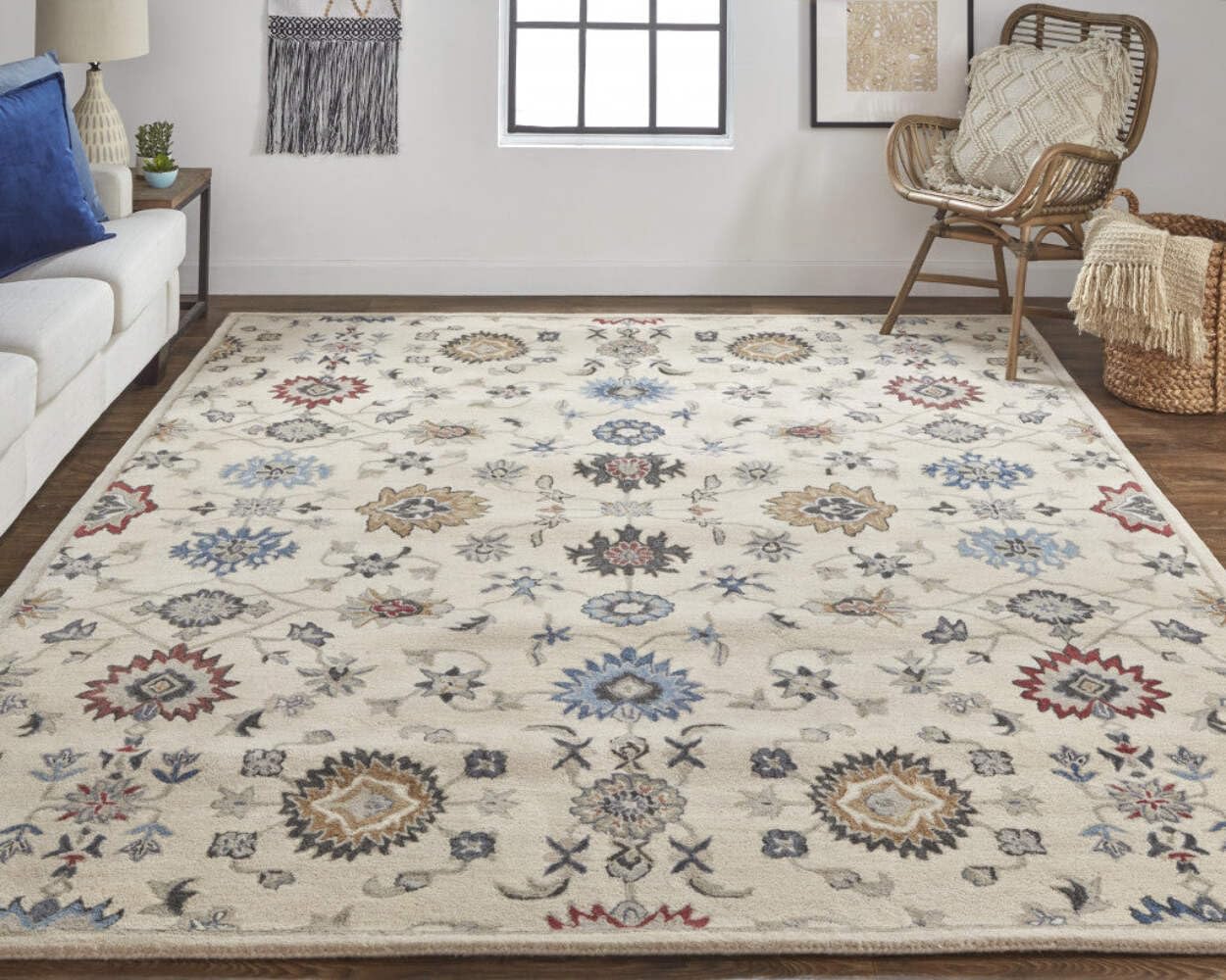 HomeRoots 514818 8 x 10 ft. Ivory Blue & Tan Wool Floral Hand Tufted Handmade Stain Resistant Rectangle Area Rug