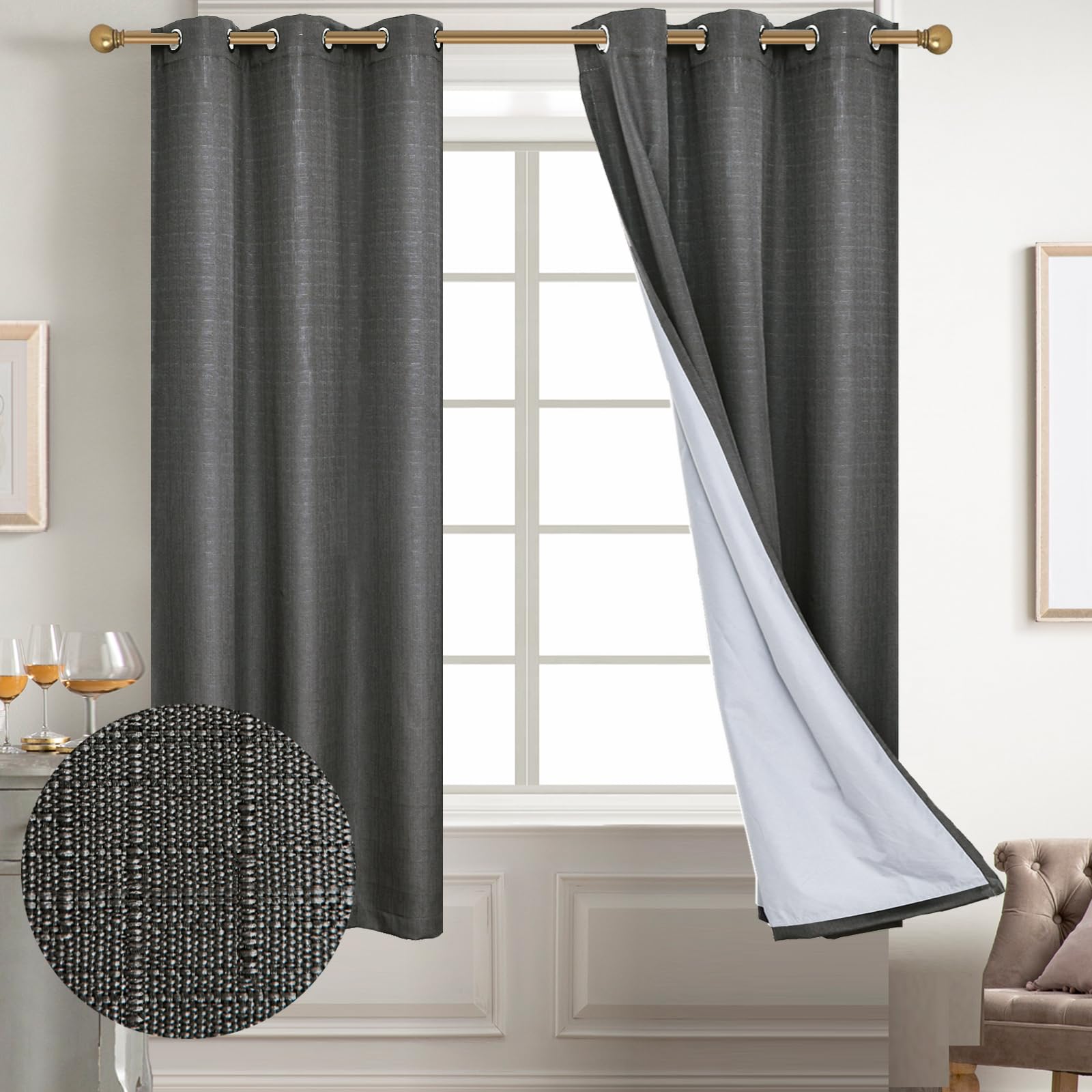 Diraysid 100% Blackout Curtains Dark Gray Linen Curtains For Bedroom Grommet Thermal Insulated Room Darkening Drapes (2 Panels,