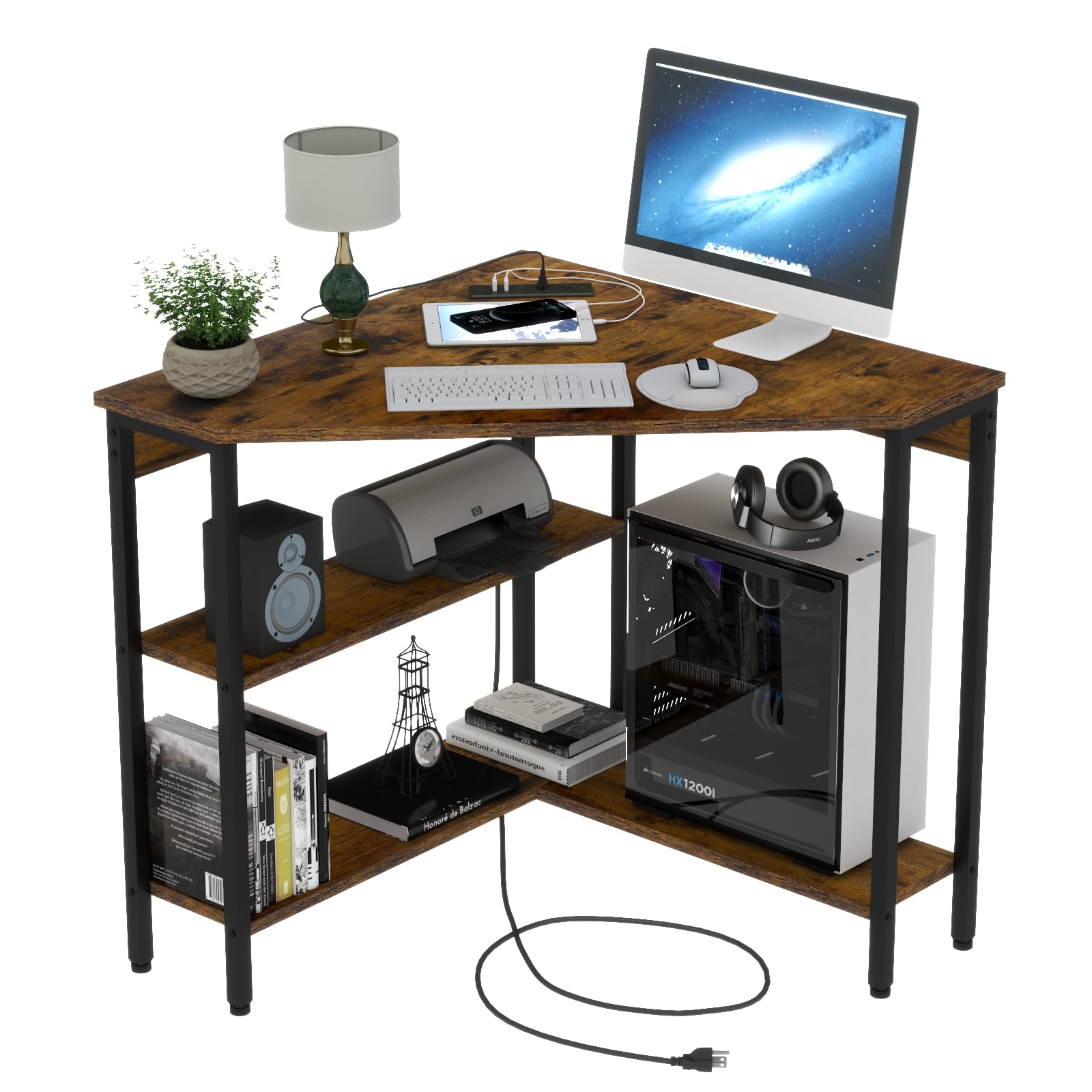 Auromie Corner Desk With Outlets & Usb Ports, 90 Degree Triangle Corner Table With Cpu Stand & Storage Shelves For Small Space,