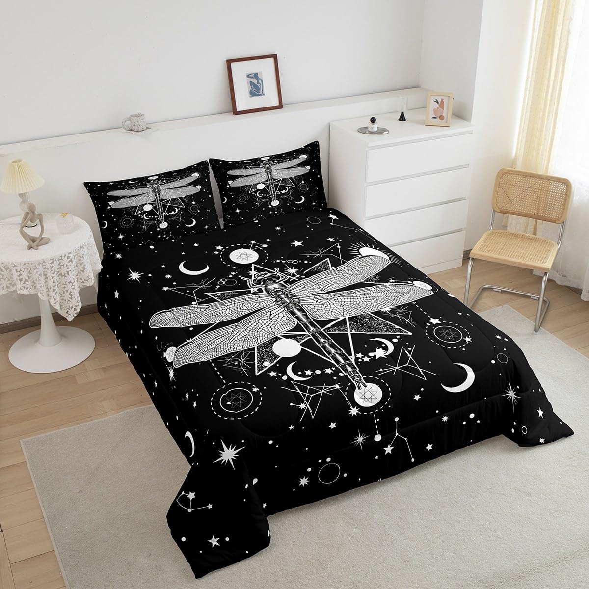Gothic Moth Kids Comforter Set Queen,Galaxy Sun And Moon Constellation Bohemian Style Skull Skeleton Bedding Set For Men Women A
