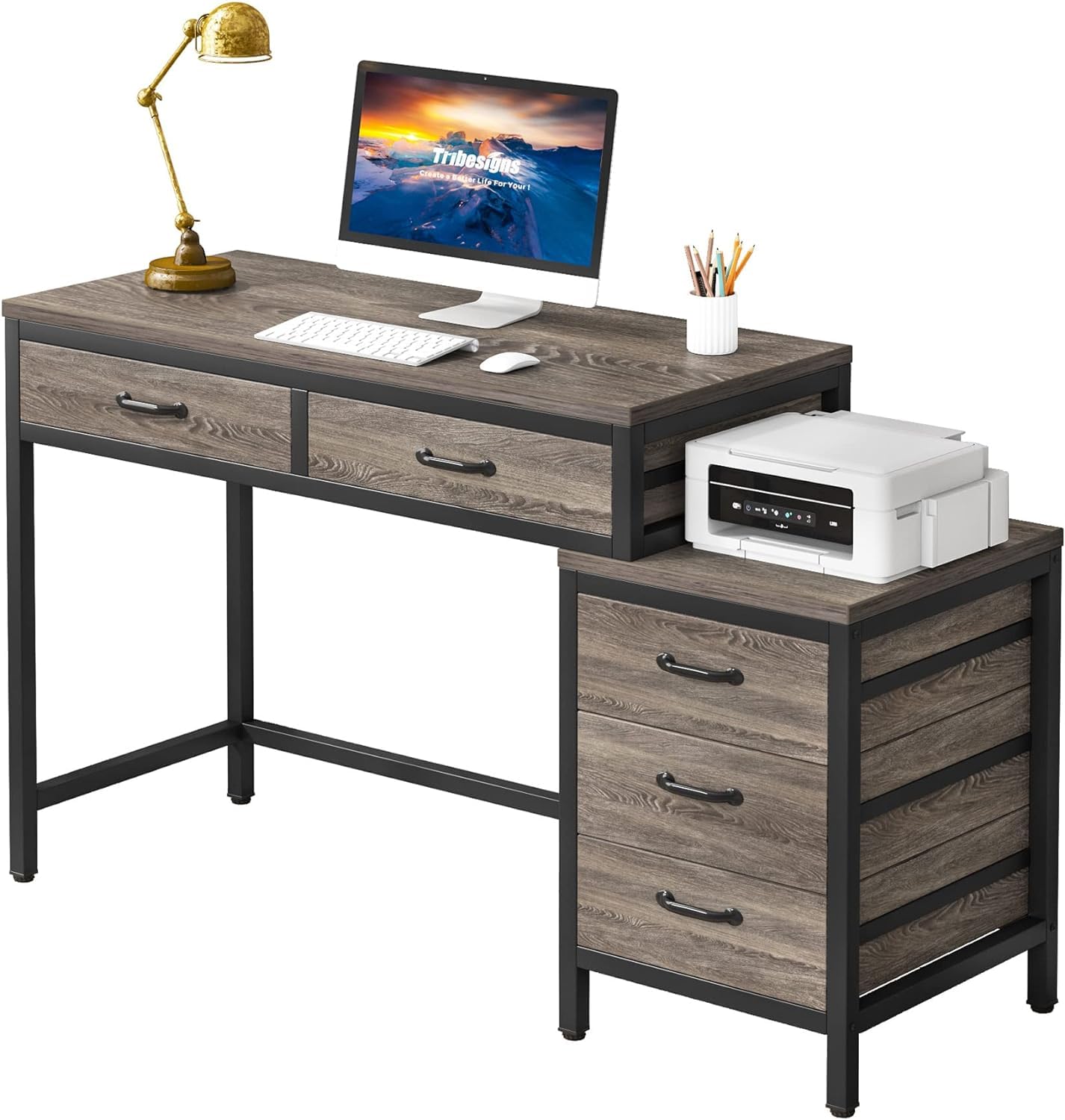 Tribesigns Computer Desk with 5 Drawers, Home Office Desks with Revers ...