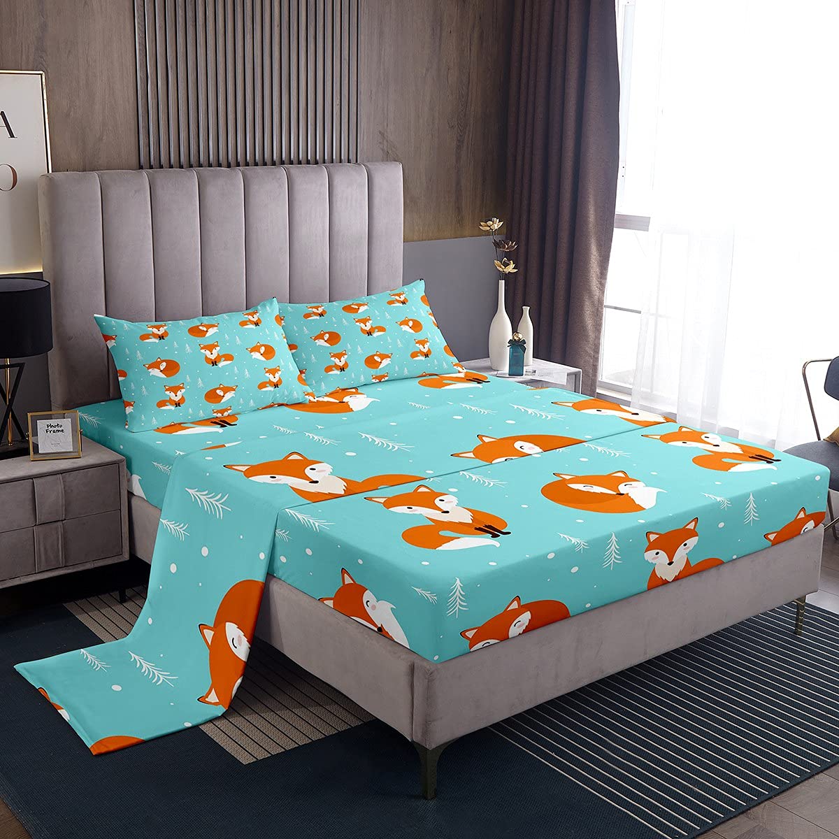 Kids Bed Sheets Full Size Cute Fox Print Bed Sheet Set For Boys Girls Bedroom Cartoon Kawaii Decor Woodland Fox Wild Animal Bedd
